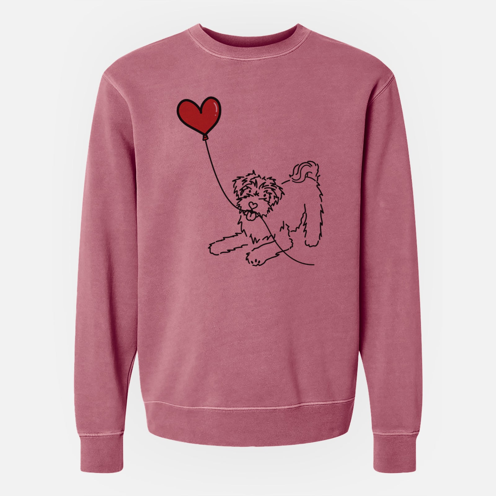 Minimalist line drawing of a Schnoodle Heart String holding a heart balloon on a Maroon Unisex pigment dyed crew sweatshirt