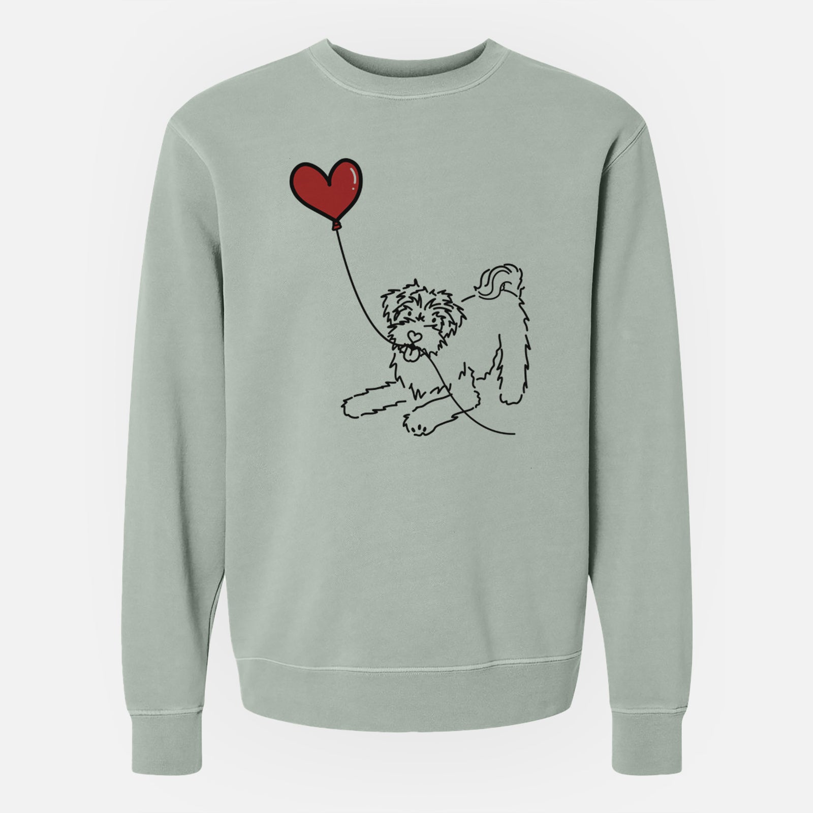 Minimalist line drawing of a Schnoodle Heart String holding a heart balloon on a Sage Unisex pigment dyed crew sweatshirt