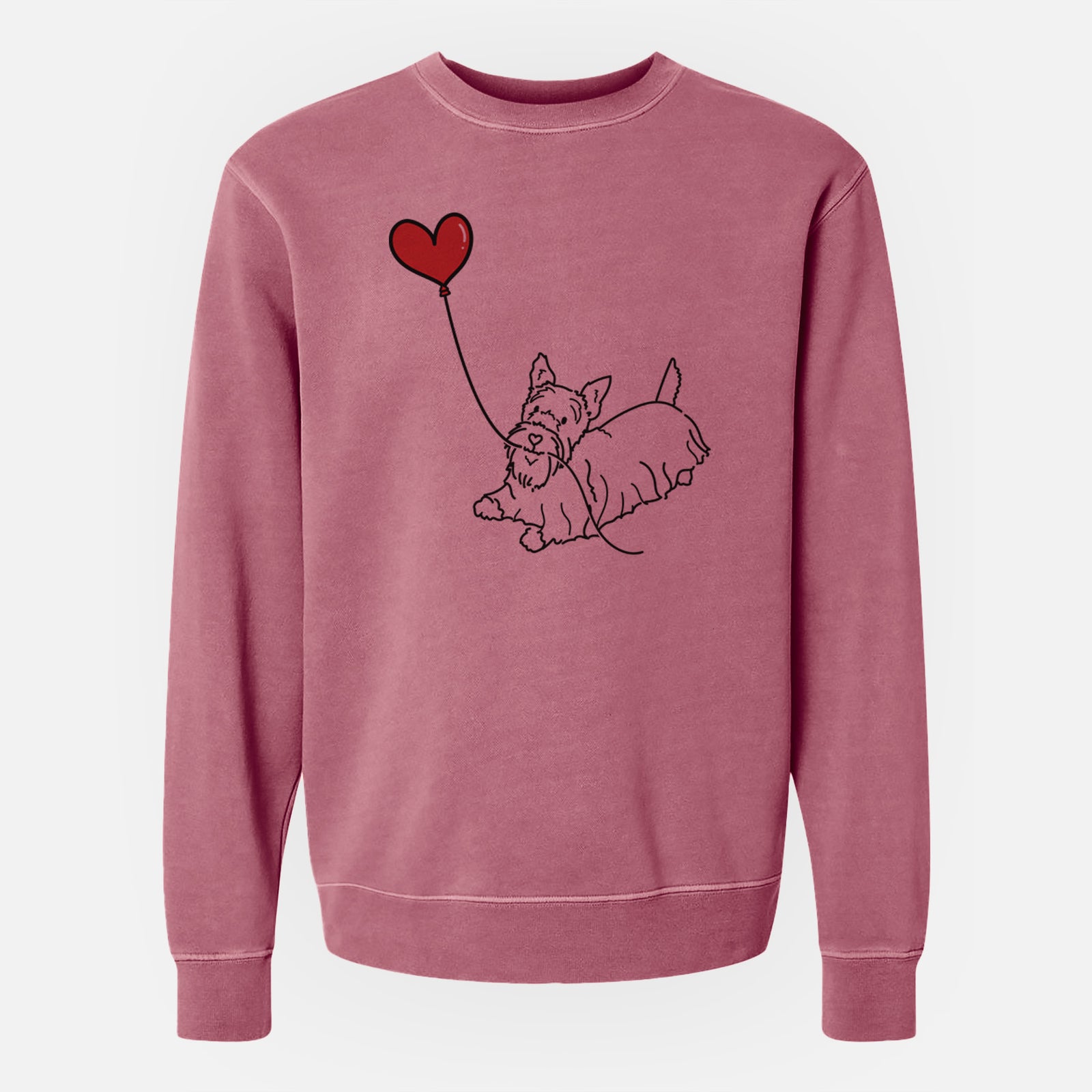 Minimalist line drawing of a Scottish Terrier Heart String holding a heart balloon on a Maroon Unisex pigment dyed crew sweatshirt