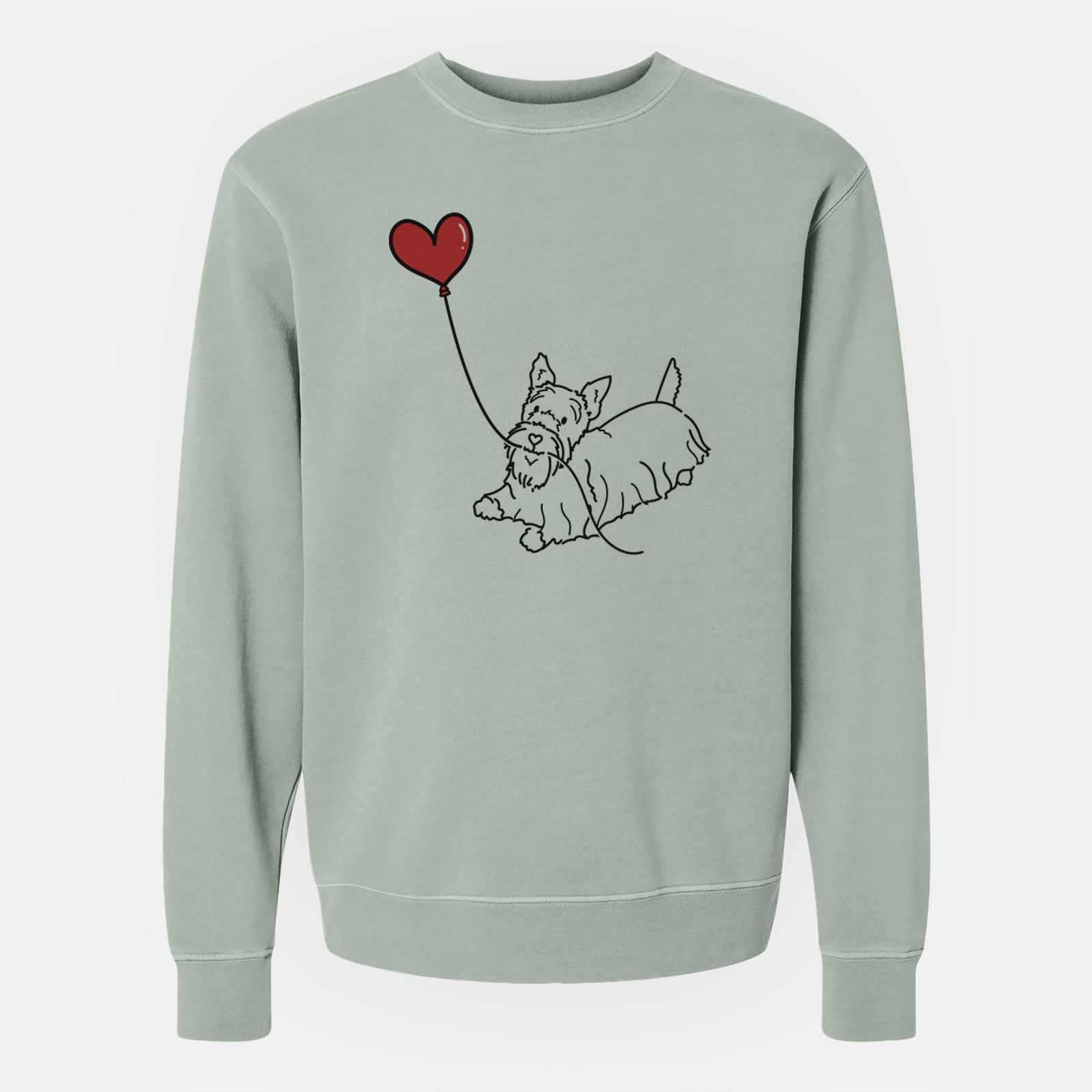 Minimalist line drawing of a Scottish Terrier Heart String holding a heart balloon on a Sage Unisex pigment dyed crew sweatshirt