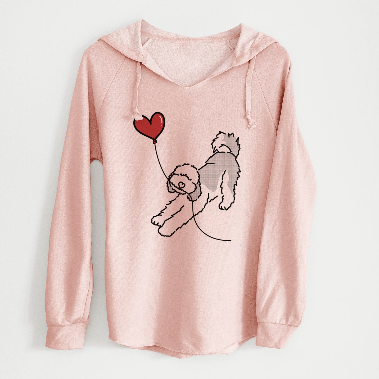 Minimalist line drawing of a Sheepadoodle Heart String holding a heart balloon on a Blush Cali Wave Hooded Sweatshirt