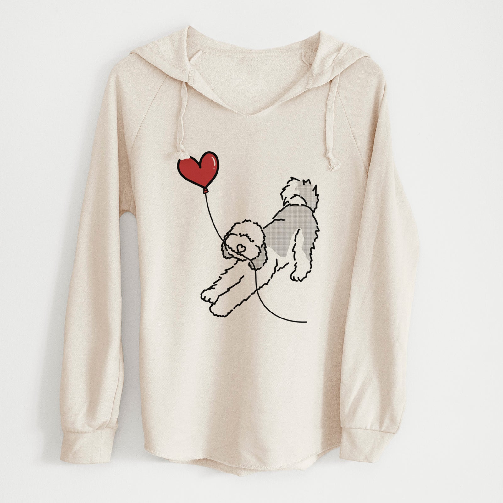 Minimalist line drawing of a Sheepadoodle Heart String holding a heart balloon on a Bone Cali Wave Hooded Sweatshirt