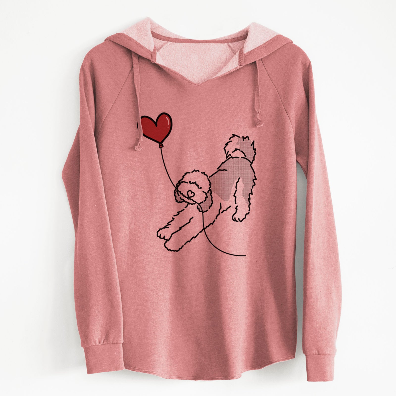 Minimalist line drawing of a Sheepadoodle Heart String holding a heart balloon on a Dusty Rose Cali Wave Hooded Sweatshirt