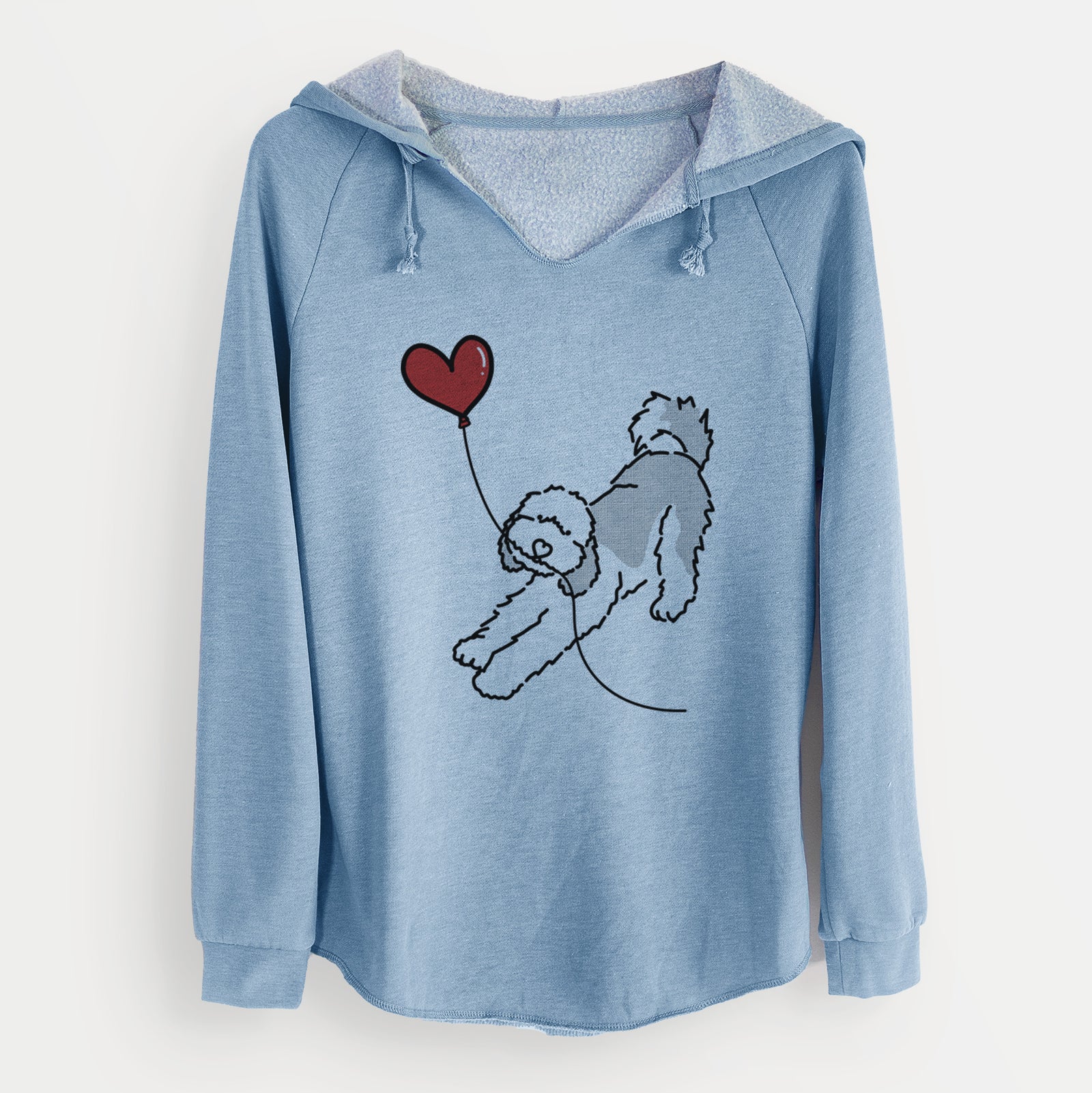 Minimalist line drawing of a Sheepadoodle Heart String holding a heart balloon on a Misty Blue Cali Wave Hooded Sweatshirt