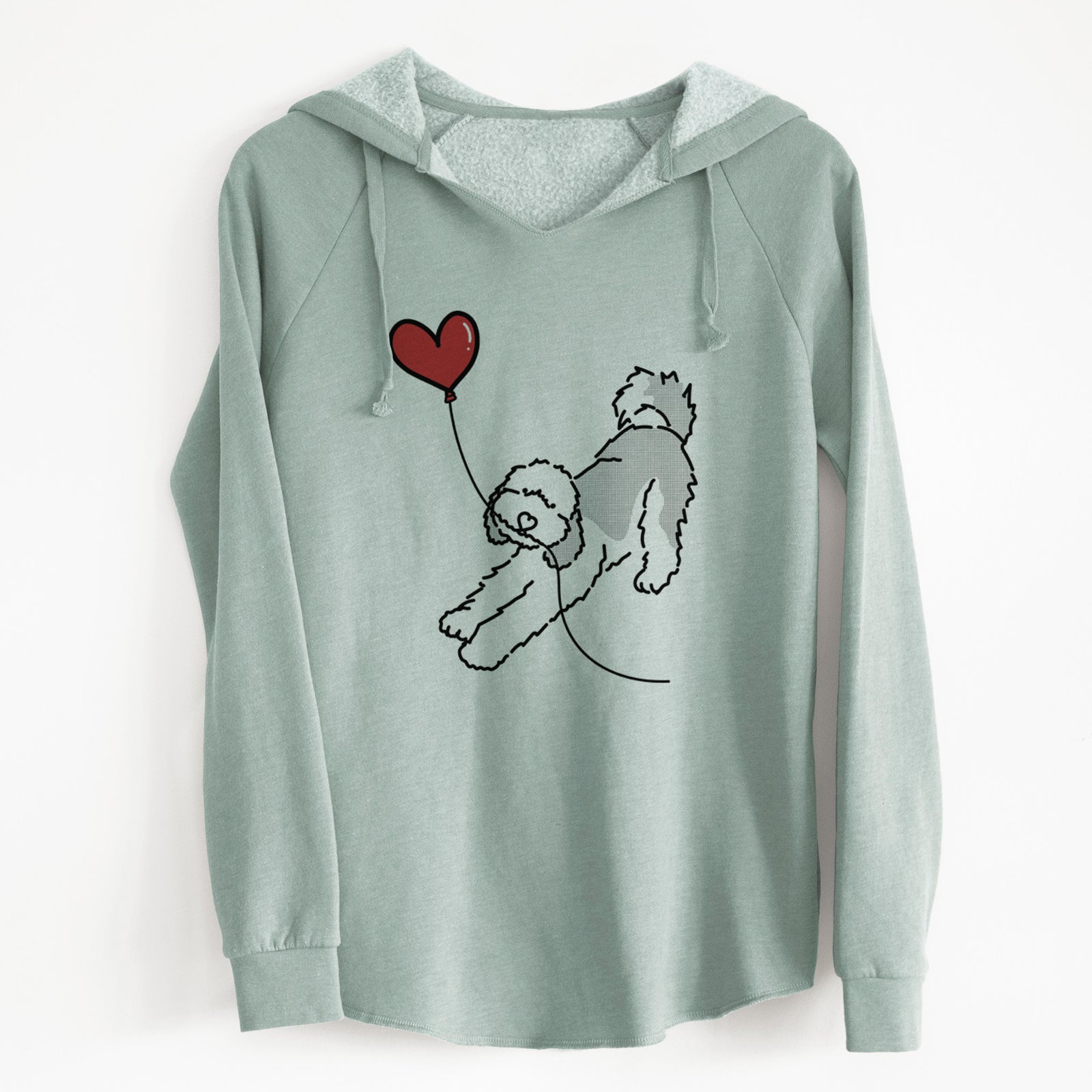 Minimalist line drawing of a Sheepadoodle Heart String holding a heart balloon on a Sage Cali Wave Hooded Sweatshirt