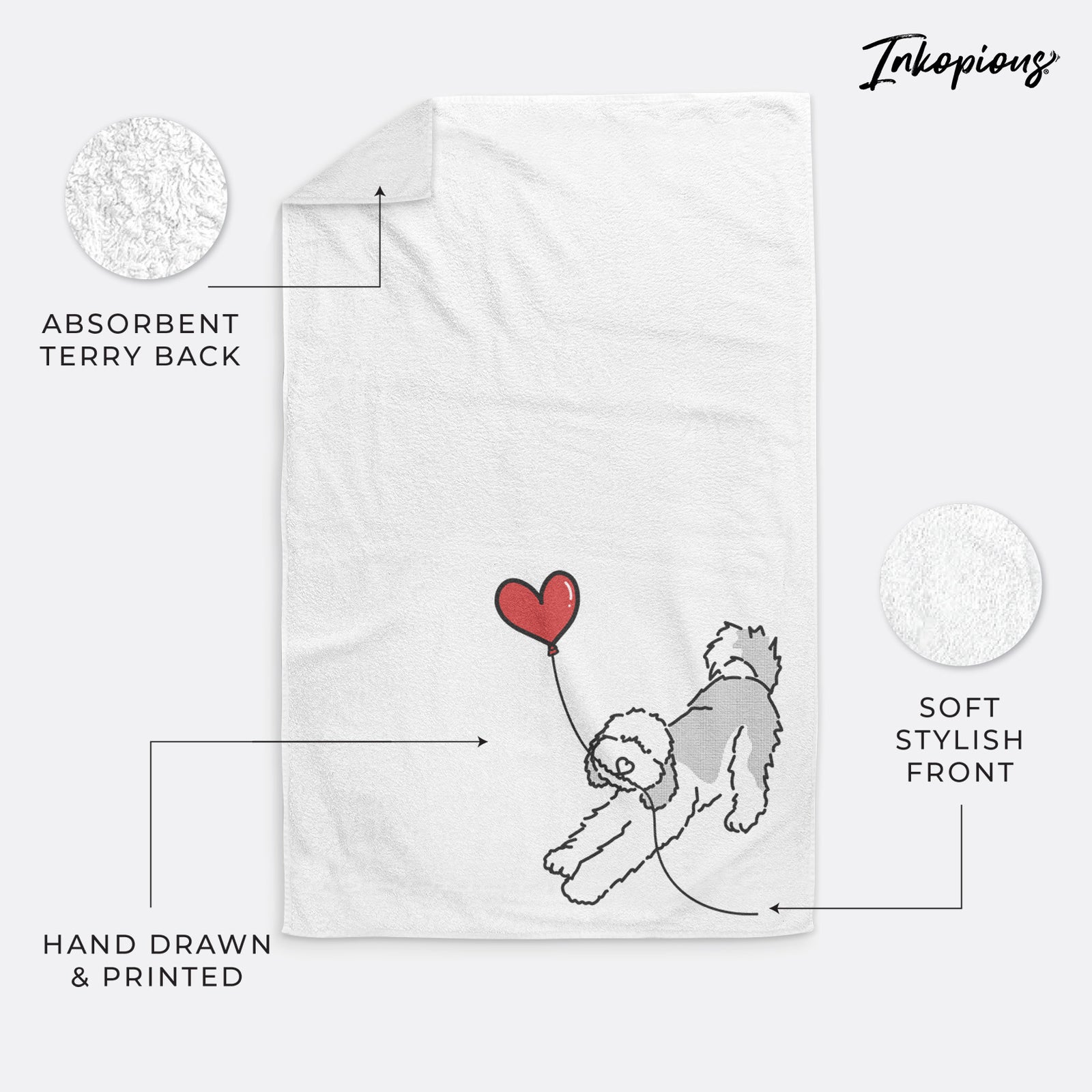 Minimalist line drawing of a Sheepadoodle Heart String holding a heart balloon on a decorative hand towel
