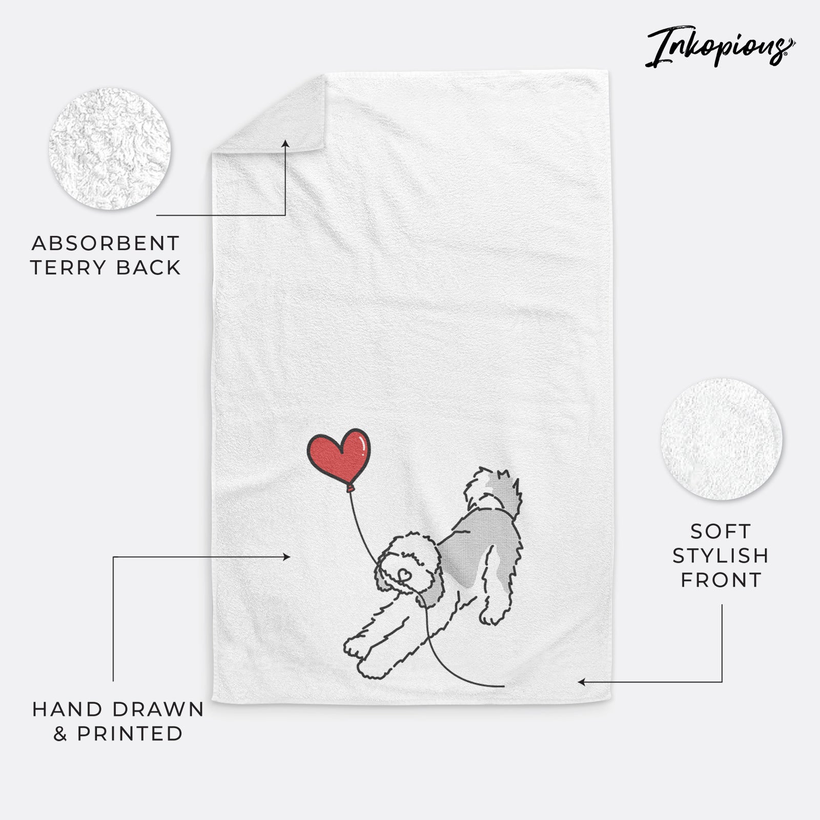 Minimalist line drawing of a Sheepadoodle Heart String holding a heart balloon on a decorative hand towel