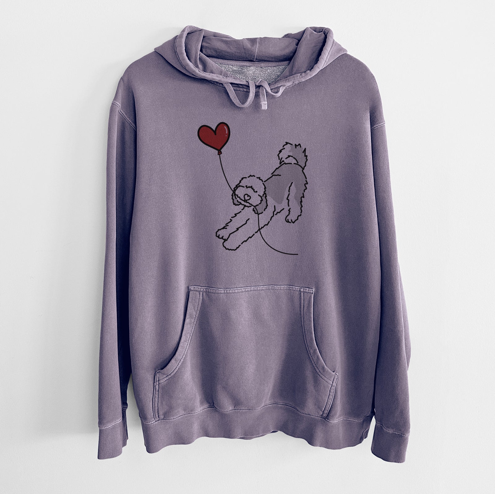 Minimalist line drawing of a Sheepadoodle Heart String holding a heart balloon on a Plum Unisex pigment dyed hoodie