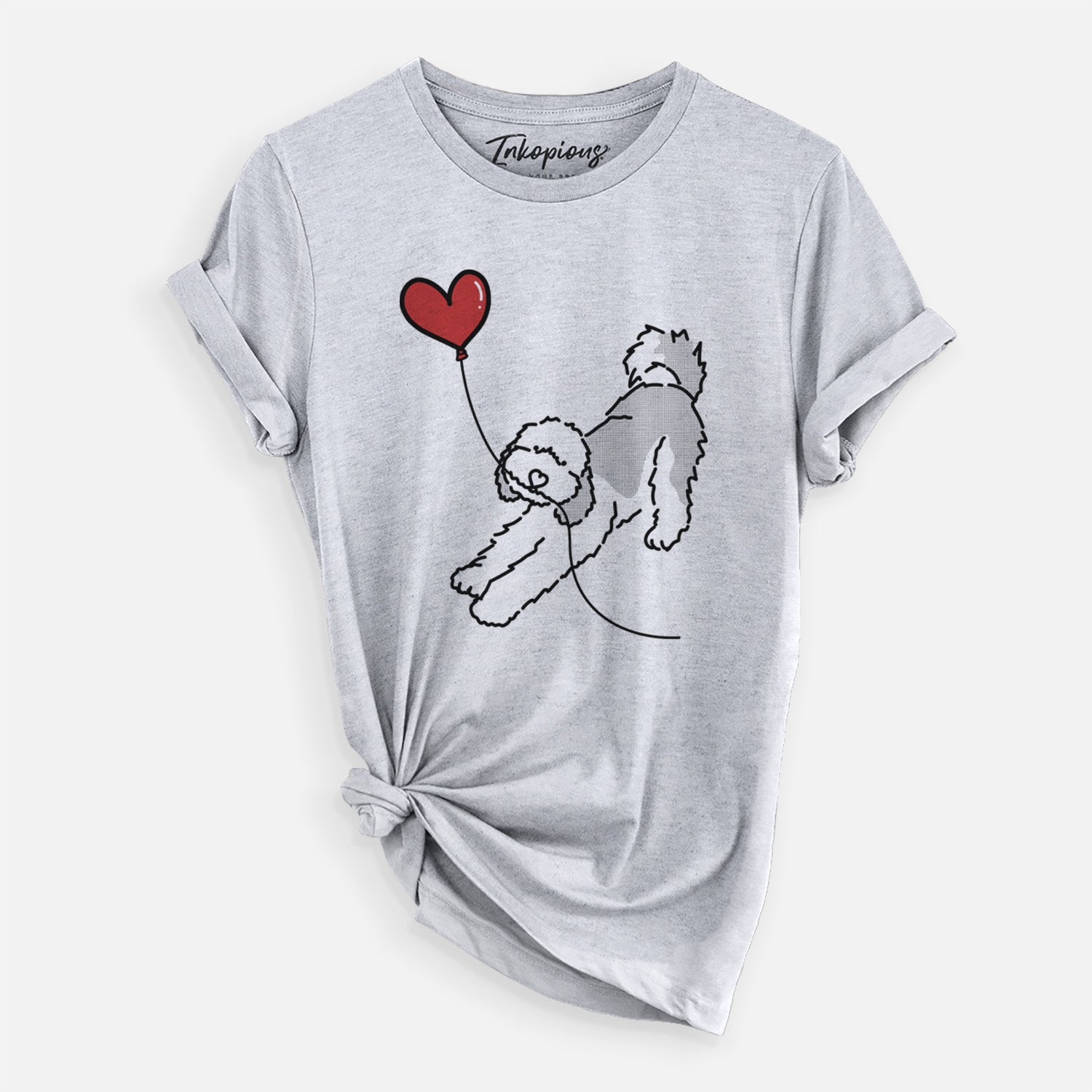 Minimalist line drawing of a Sheepadoodle Heart String holding a heart balloon on a Grey Unisex crewneck