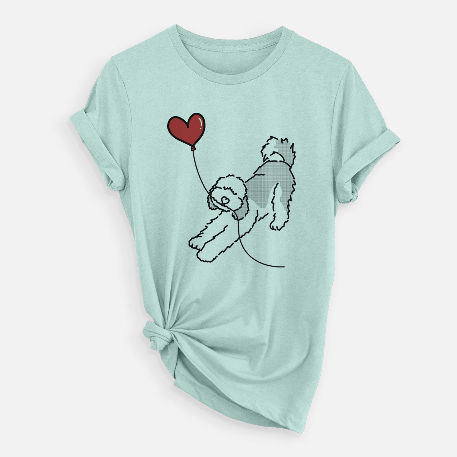 Minimalist line drawing of a Sheepadoodle Heart String holding a heart balloon on a Heather Sage Unisex crewneck