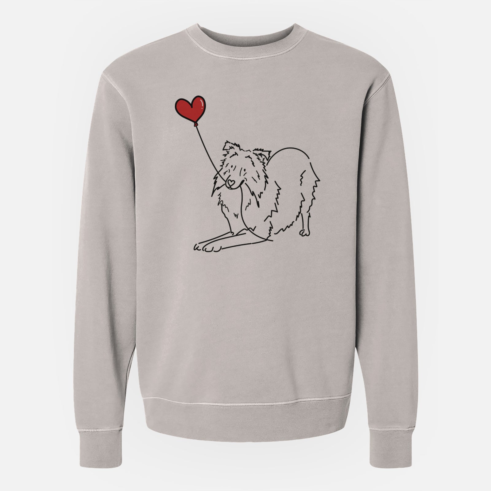 Minimalist line drawing of a Shetland Sheepdog Heart String holding a heart balloon on a Cement Unisex pigment dyed crew sweatshirt
