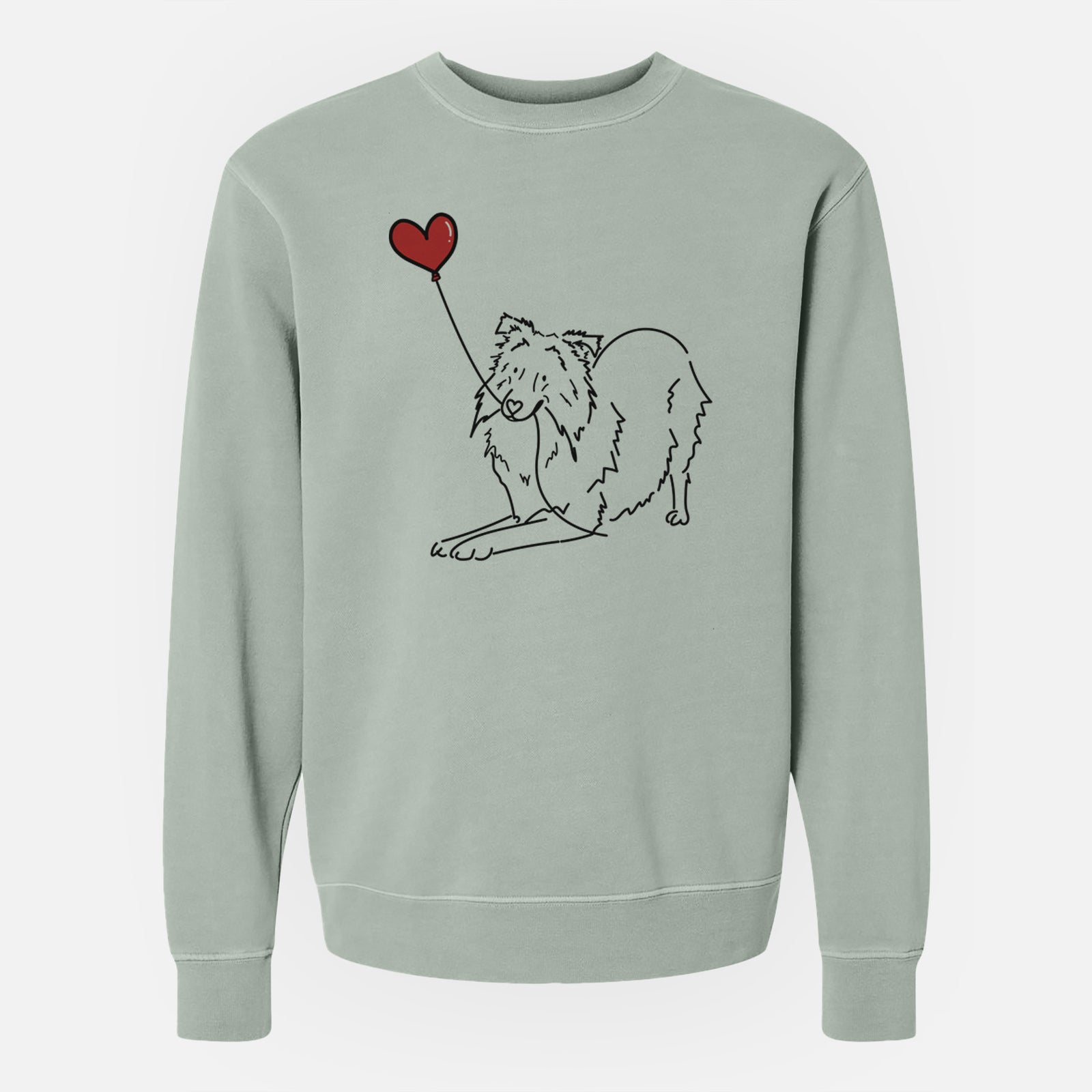 Minimalist line drawing of a Shetland Sheepdog Heart String holding a heart balloon on a Sage Unisex pigment dyed crew sweatshirt