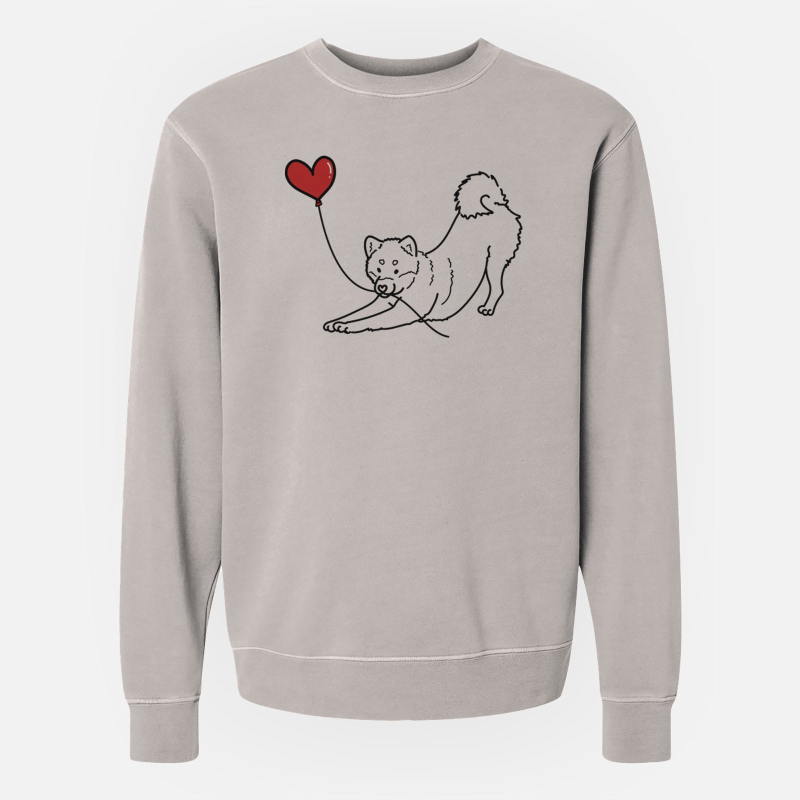 Minimalist line drawing of a Shiba Inu Heart String holding a heart balloon on a Cement Unisex pigment dyed crew sweatshirt