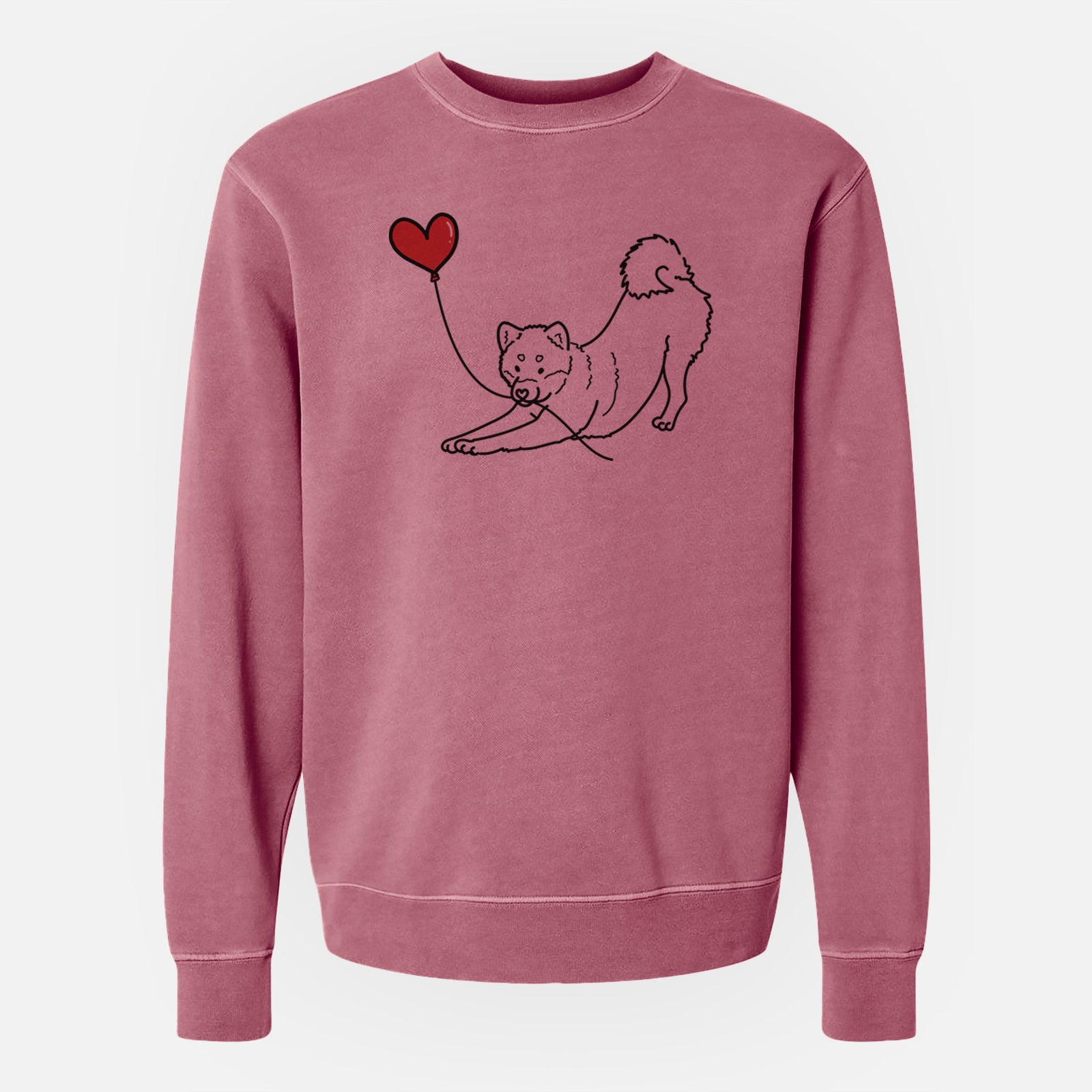 Minimalist line drawing of a Shiba Inu Heart String holding a heart balloon on a Maroon Unisex pigment dyed crew sweatshirt