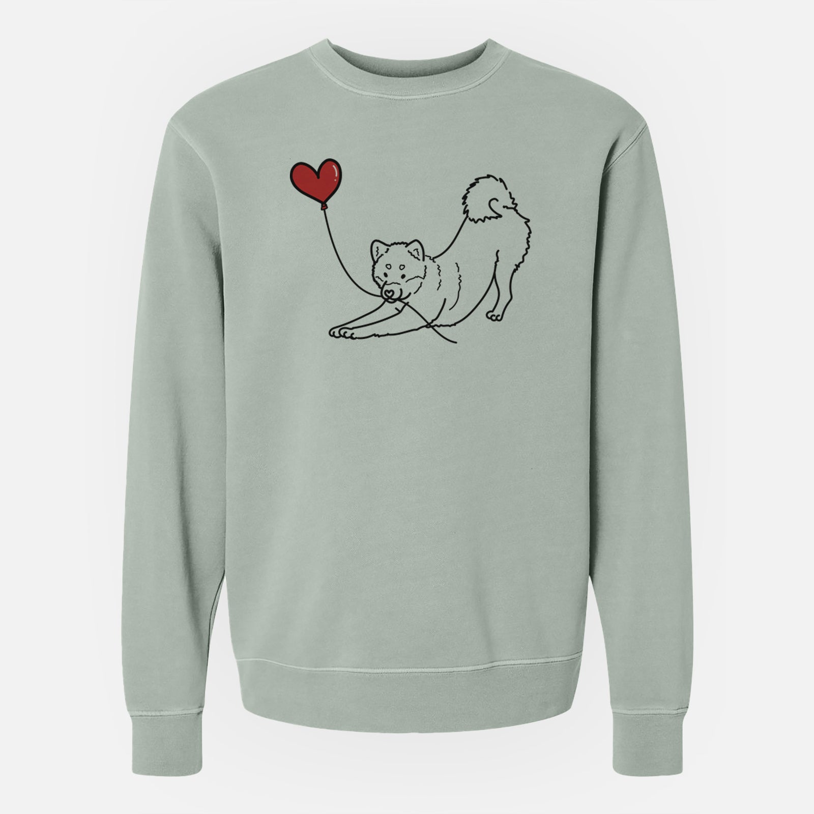 Minimalist line drawing of a Shiba Inu Heart String holding a heart balloon on a Sage Unisex pigment dyed crew sweatshirt