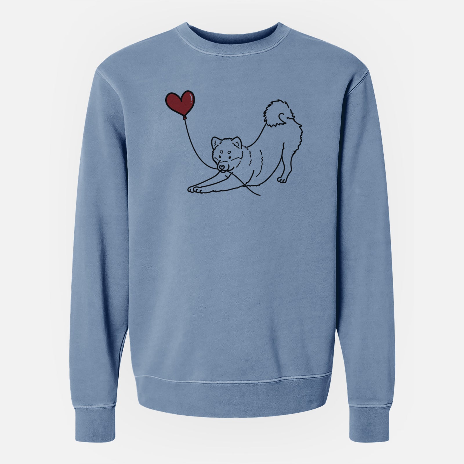 Minimalist line drawing of a Shiba Inu Heart String holding a heart balloon on a Slate Blue Unisex pigment dyed crew sweatshirt