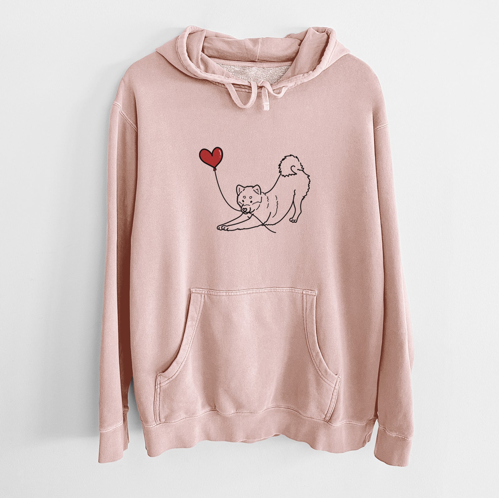 Minimalist line drawing of a Shiba Inu Heart String holding a heart balloon on a Dusty Pink Unisex pigment dyed hoodie