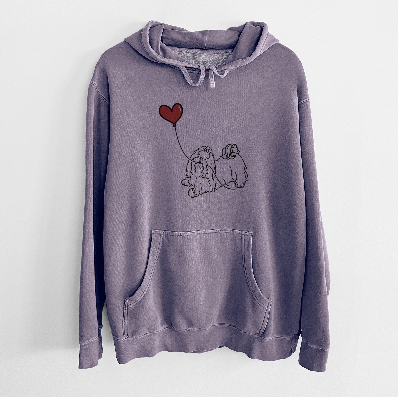 Minimalist line drawing of a Shih Tzu Heart String holding a heart balloon on a Plum Unisex pigment dyed hoodie
