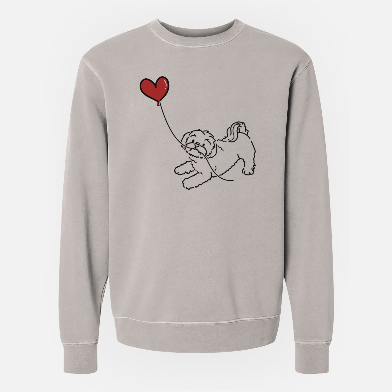 Minimalist line drawing of a Shih Tzu Puppy Cut Heart String holding a heart balloon on a Cement Unisex pigment dyed crew sweatshirt