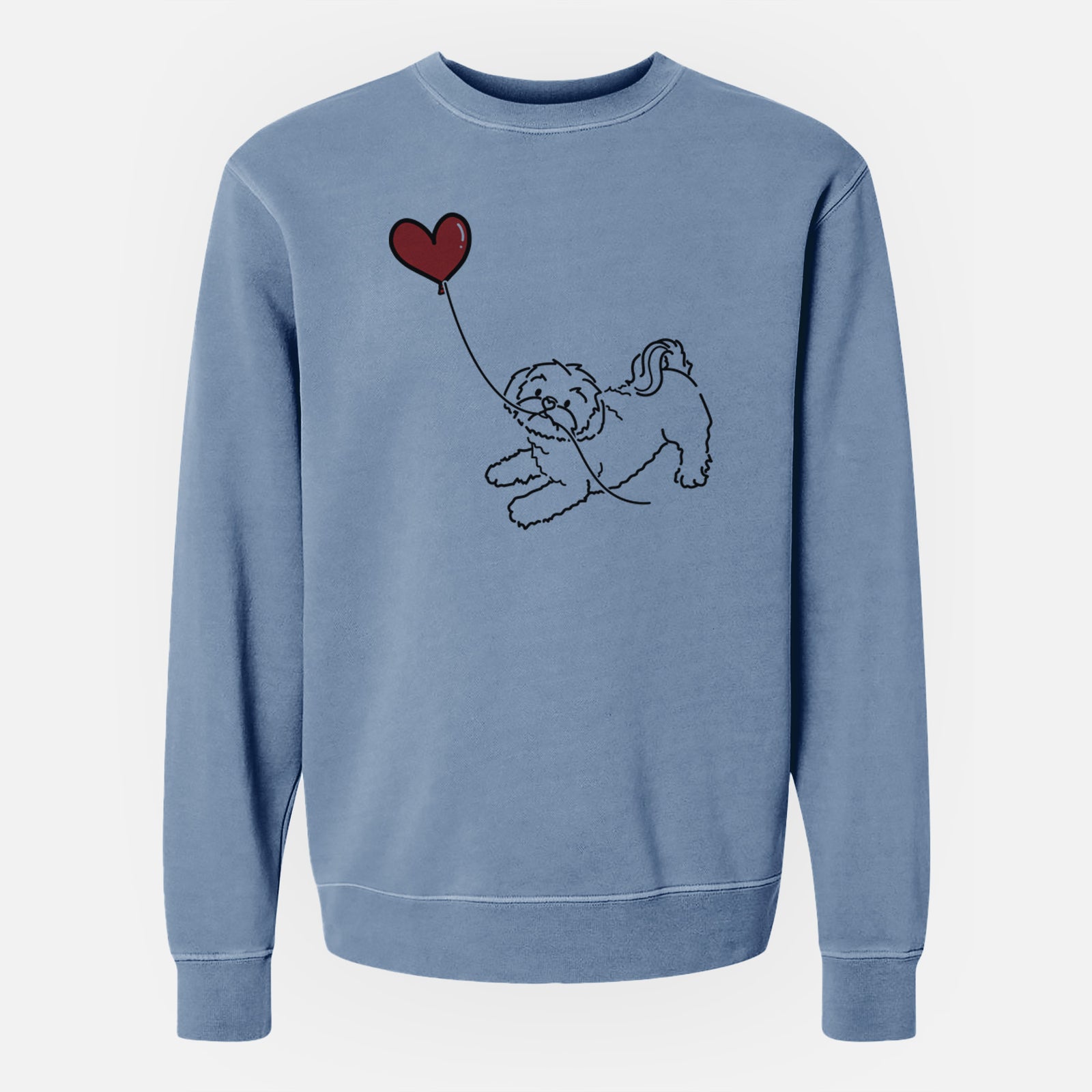 Minimalist line drawing of a Shih Tzu Puppy Cut Heart String holding a heart balloon on a Slate Blue Unisex pigment dyed crew sweatshirt