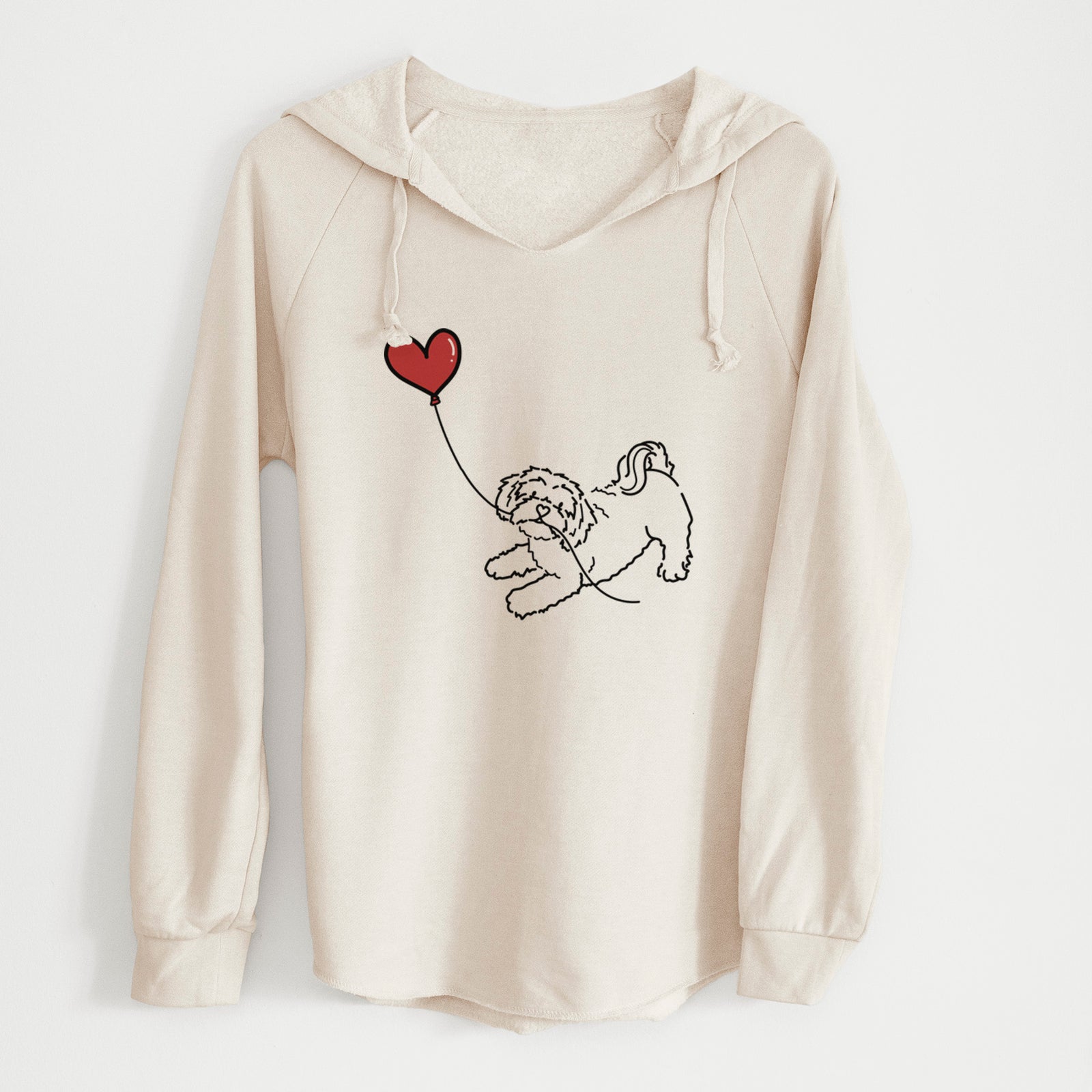 Minimalist line drawing of a Shihpoo Heart String holding a heart balloon on a Bone Cali Wave Hooded Sweatshirt