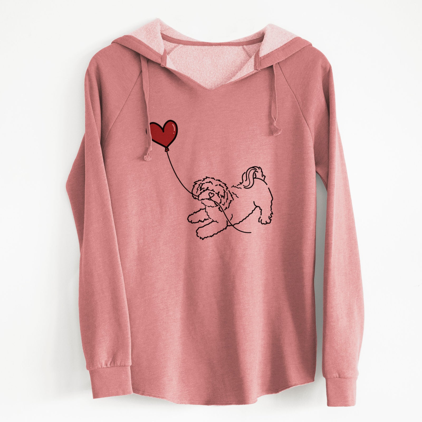 Minimalist line drawing of a Shihpoo Heart String holding a heart balloon on a Dusty Rose Cali Wave Hooded Sweatshirt
