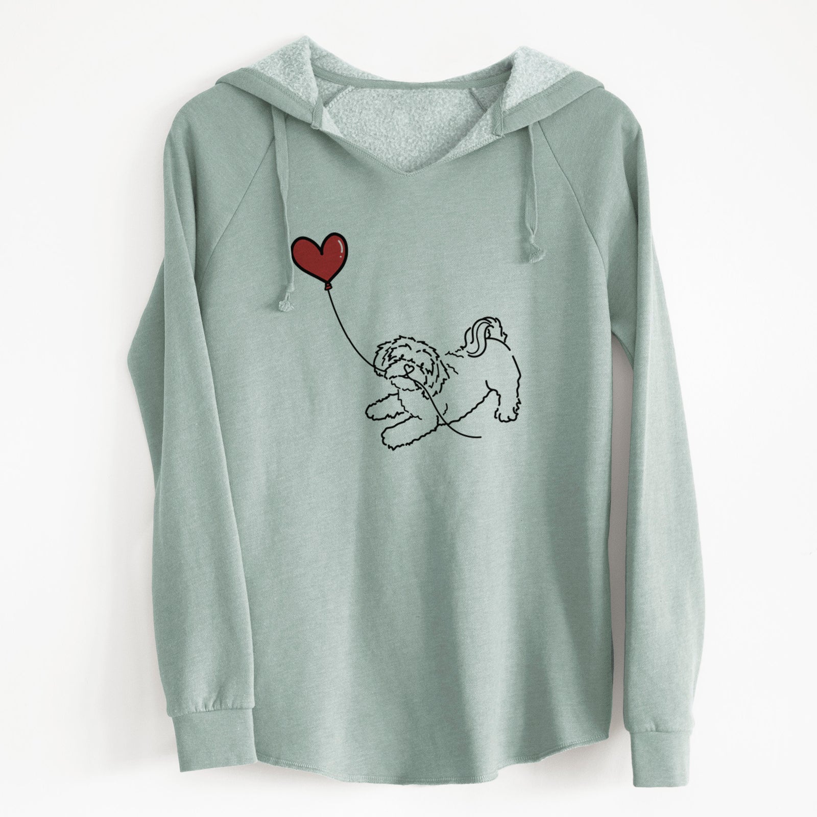 Minimalist line drawing of a Shihpoo Heart String holding a heart balloon on a Sage Cali Wave Hooded Sweatshirt