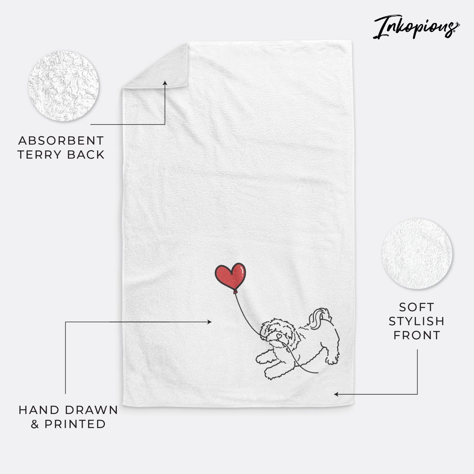 Minimalist line drawing of a Shihpoo Heart String holding a heart balloon on a decorative hand towel