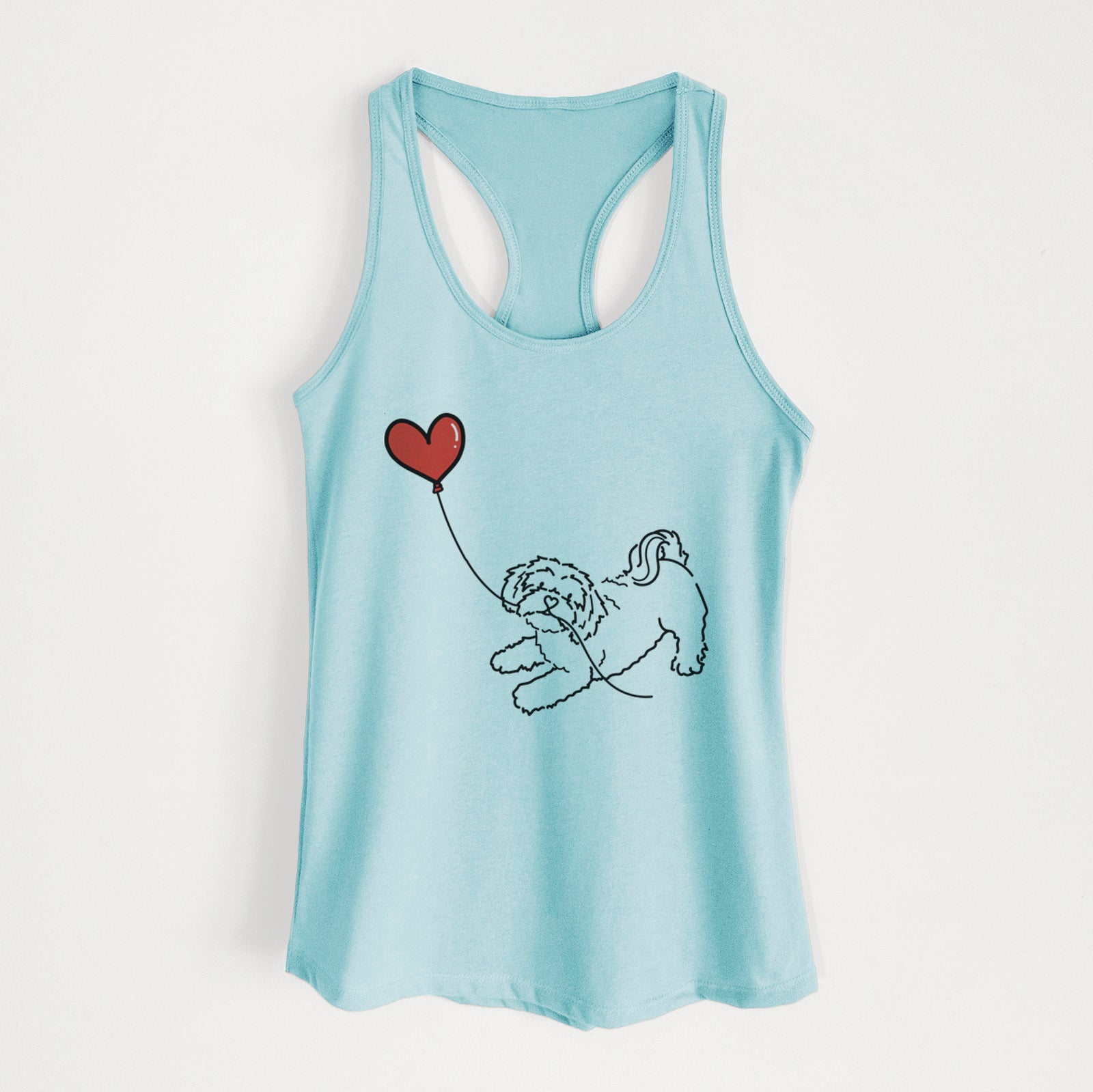 Minimalist line drawing of a Shihpoo Heart String holding a heart balloon on a Cancun Blue Women's racerback tanktop