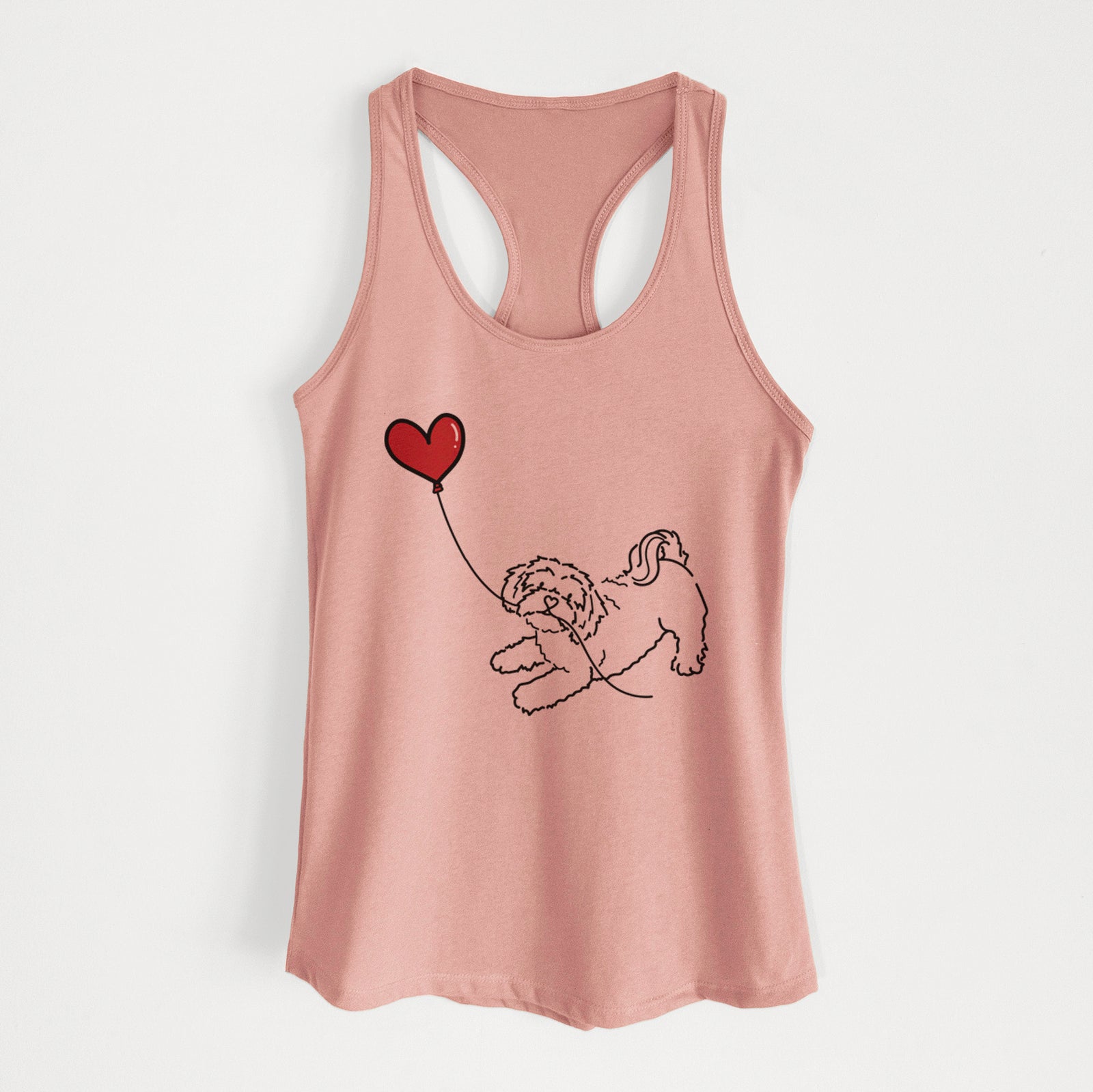 Minimalist line drawing of a Shihpoo Heart String holding a heart balloon on a Desert Pink Women's racerback tanktop