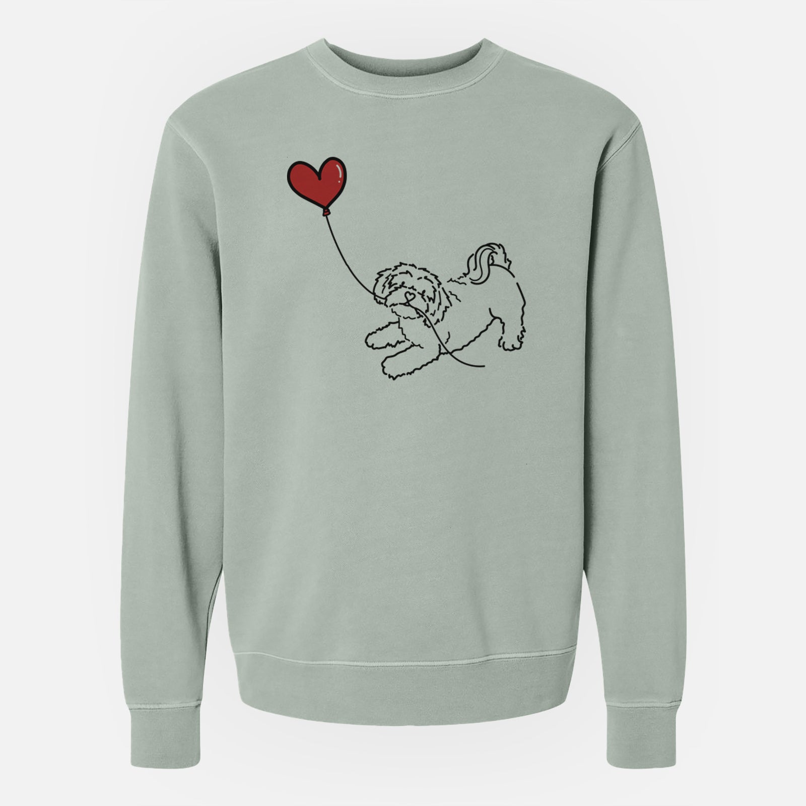 Minimalist line drawing of a Shihpoo Heart String holding a heart balloon on a Sage Unisex pigment dyed crew sweatshirt