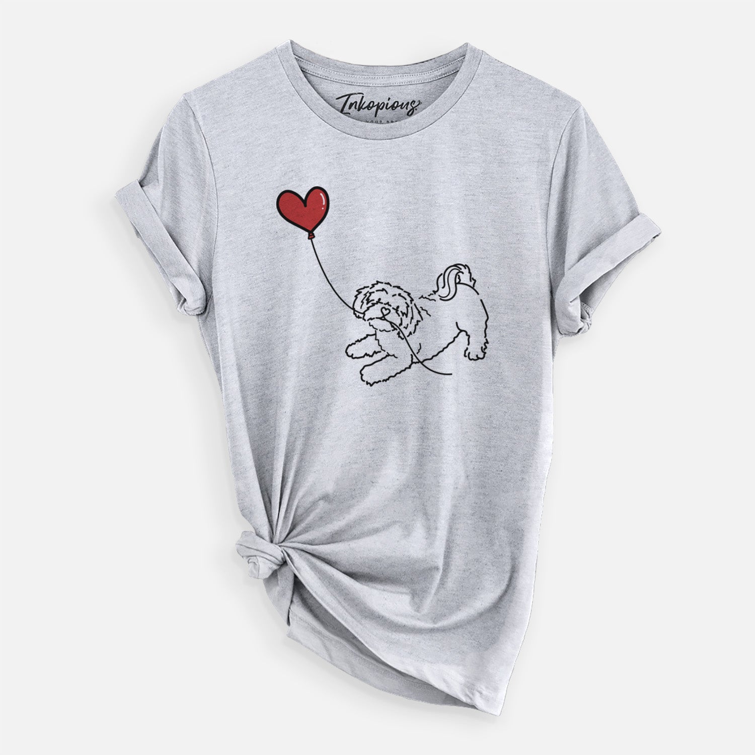 Minimalist line drawing of a Shihpoo Heart String holding a heart balloon on a Grey Unisex crewneck