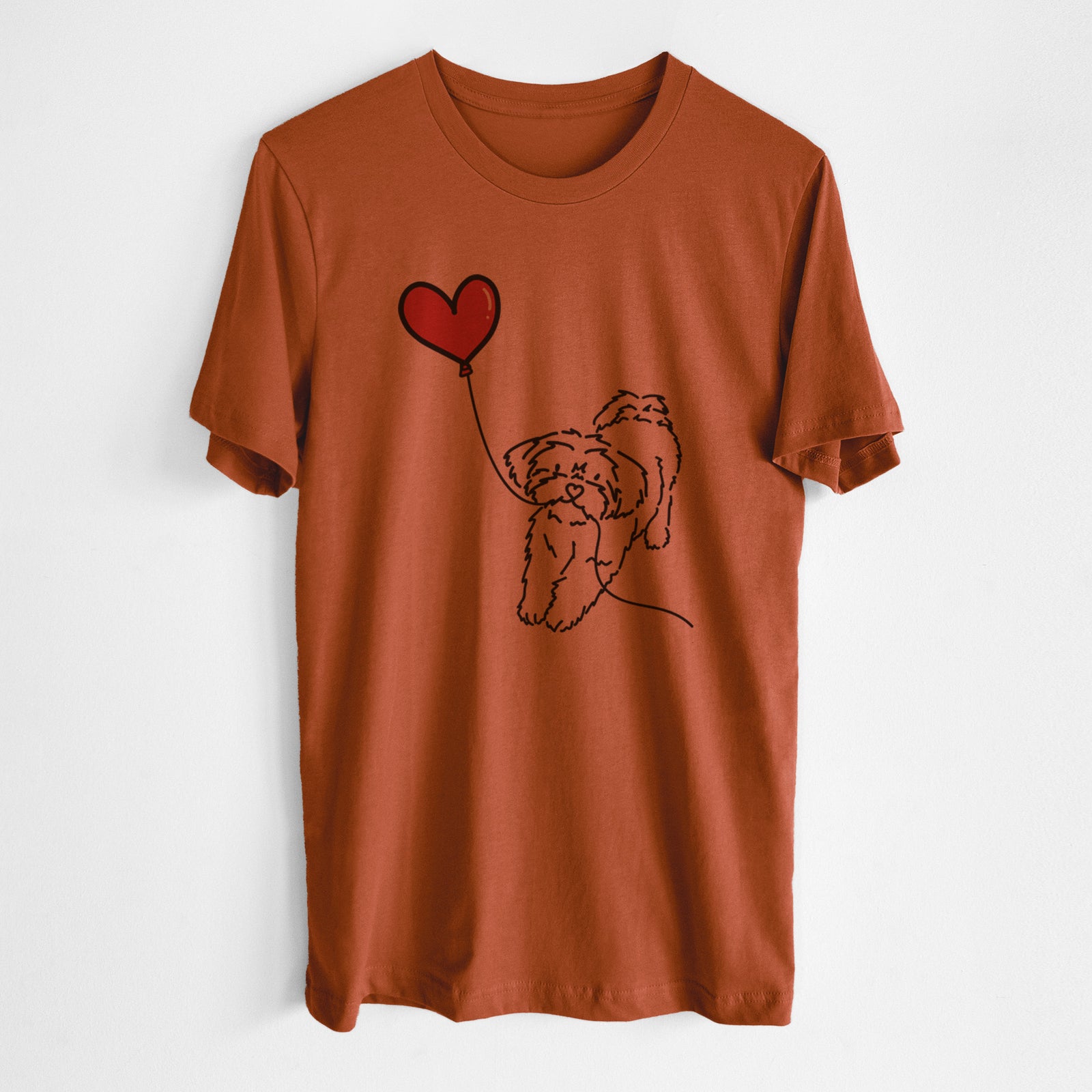 Minimalist line drawing of a Shorkie Heart String- Unisex Crewneck holding a heart balloon on an Autumn Unisex crewneck, worn by a man