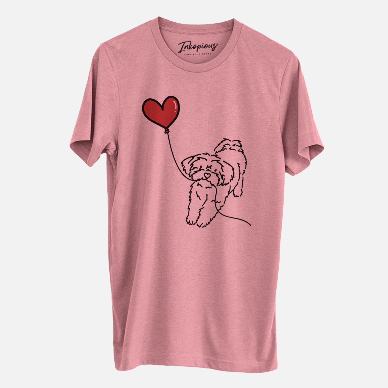 Minimalist line drawing of a Shorkie Heart String- Unisex Crewneck holding a heart balloon on a Mauve Unisex crewneck, worn by a man