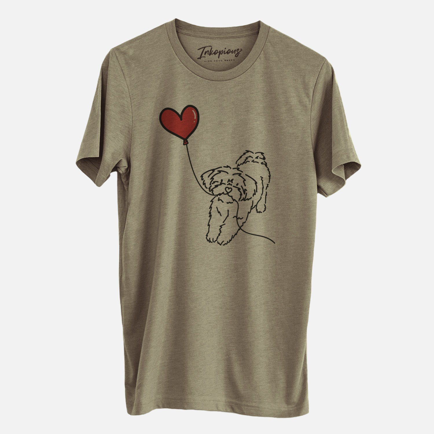Minimalist line drawing of a Shorkie Heart String- Unisex Crewneck holding a heart balloon on an Olive Unisex crewneck, worn by a man