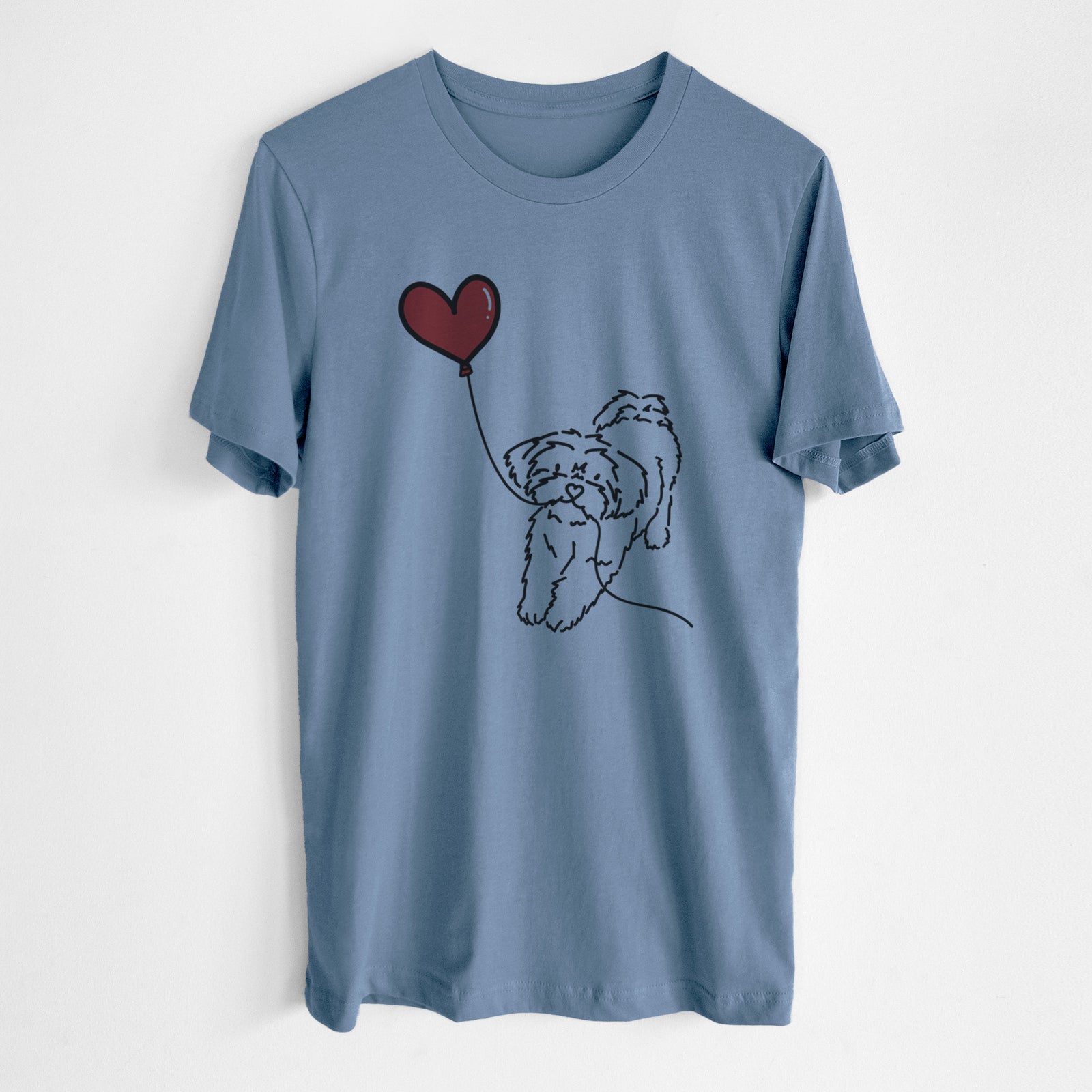 Minimalist line drawing of a Shorkie Heart String- Unisex Crewneck holding a heart balloon on a Steel Blue Unisex crewneck, worn by a man