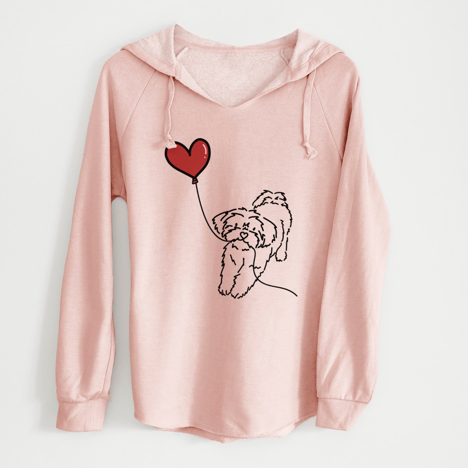 Minimalist line drawing of a Shorkie Heart String holding a heart balloon on a Blush Cali Wave Hooded Sweatshirt