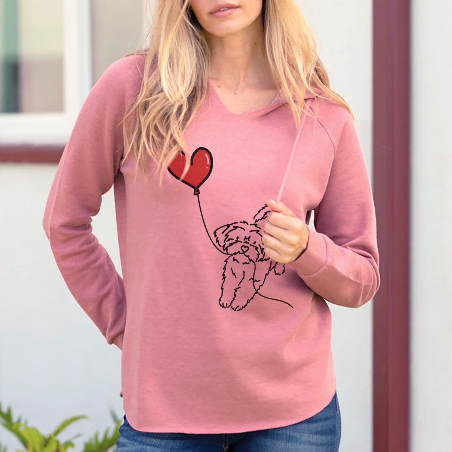 Minimalist line drawing of a Shorkie Heart String holding a heart balloon on a Dusty Rose Cali Wave Hooded Sweatshirt, lifestyle photo
