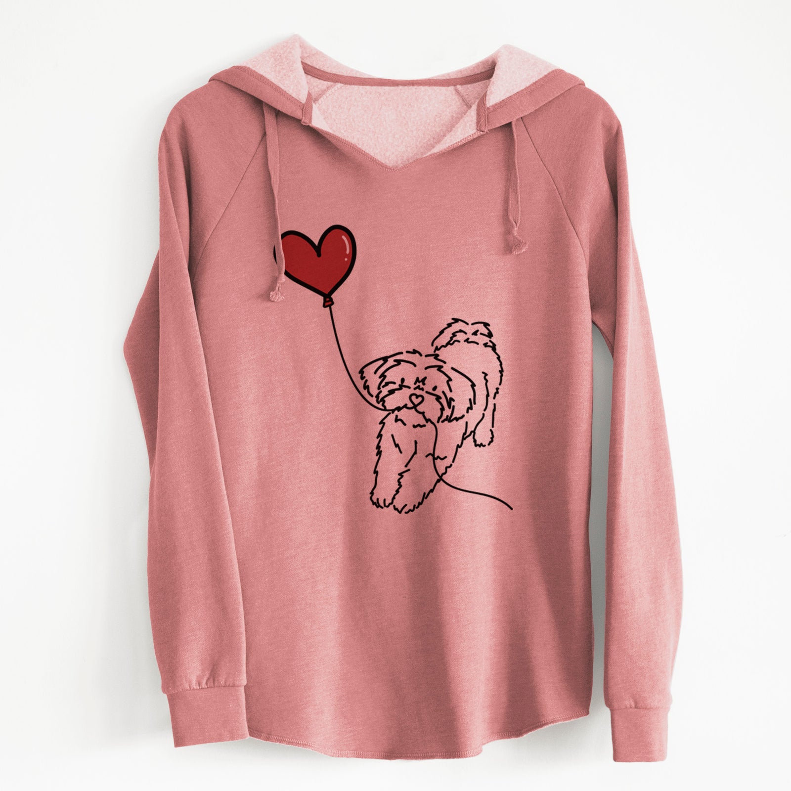 Minimalist line drawing of a Shorkie Heart String holding a heart balloon on a Dusty Rose Cali Wave Hooded Sweatshirt