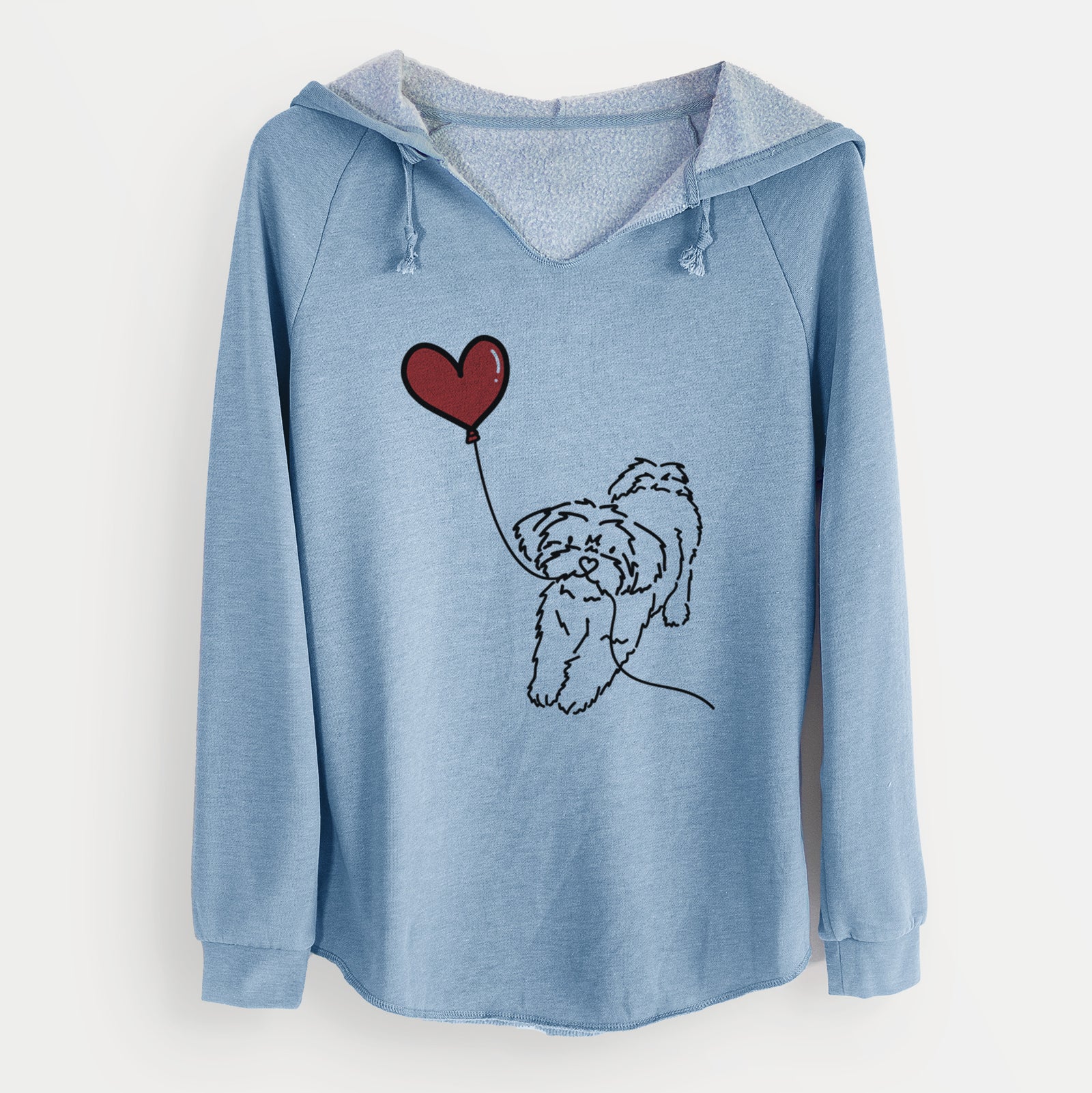 Minimalist line drawing of a Shorkie Heart String holding a heart balloon on a Misty Blue Cali Wave Hooded Sweatshirt
