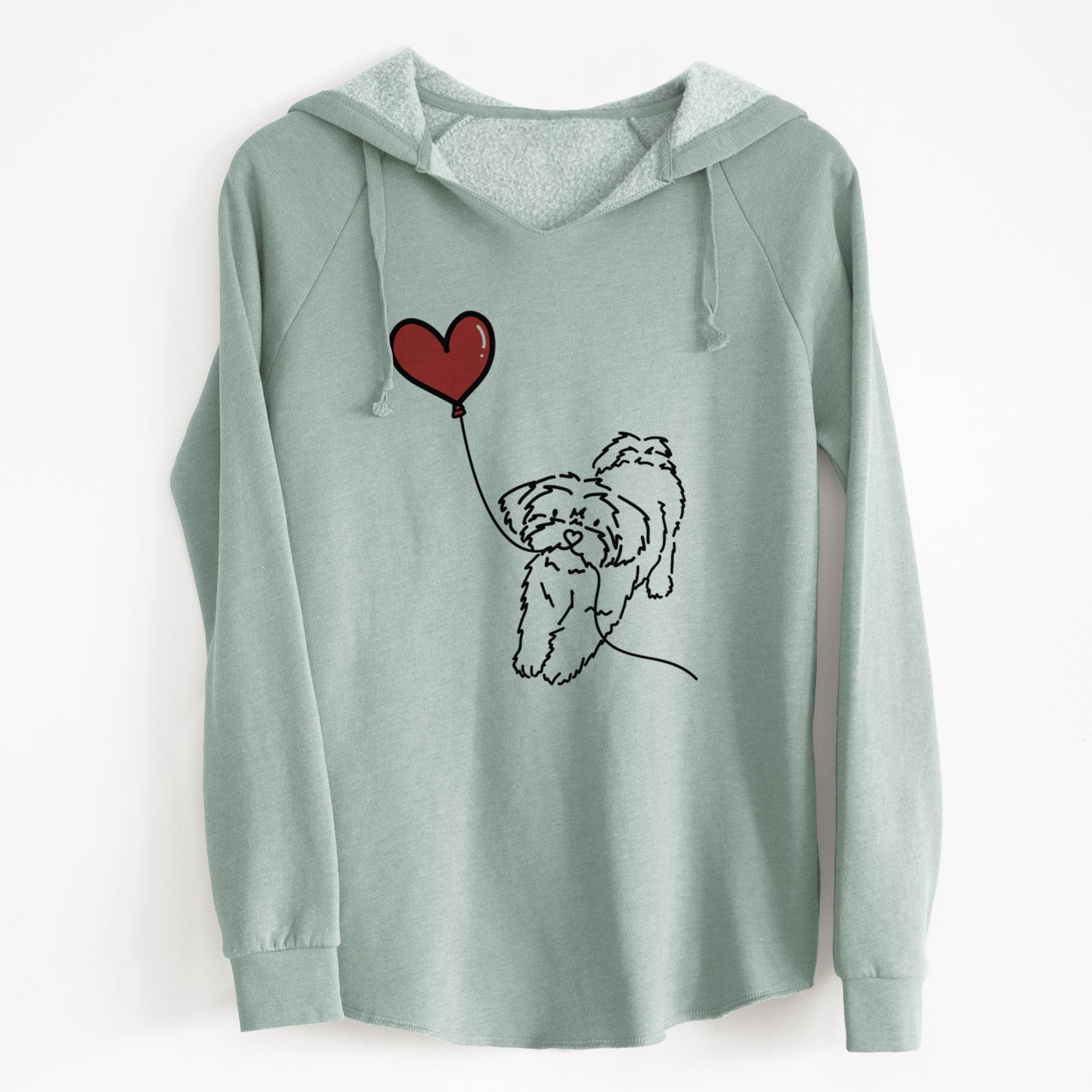 Minimalist line drawing of a Shorkie Heart String holding a heart balloon on a Sage Cali Wave Hooded Sweatshirt