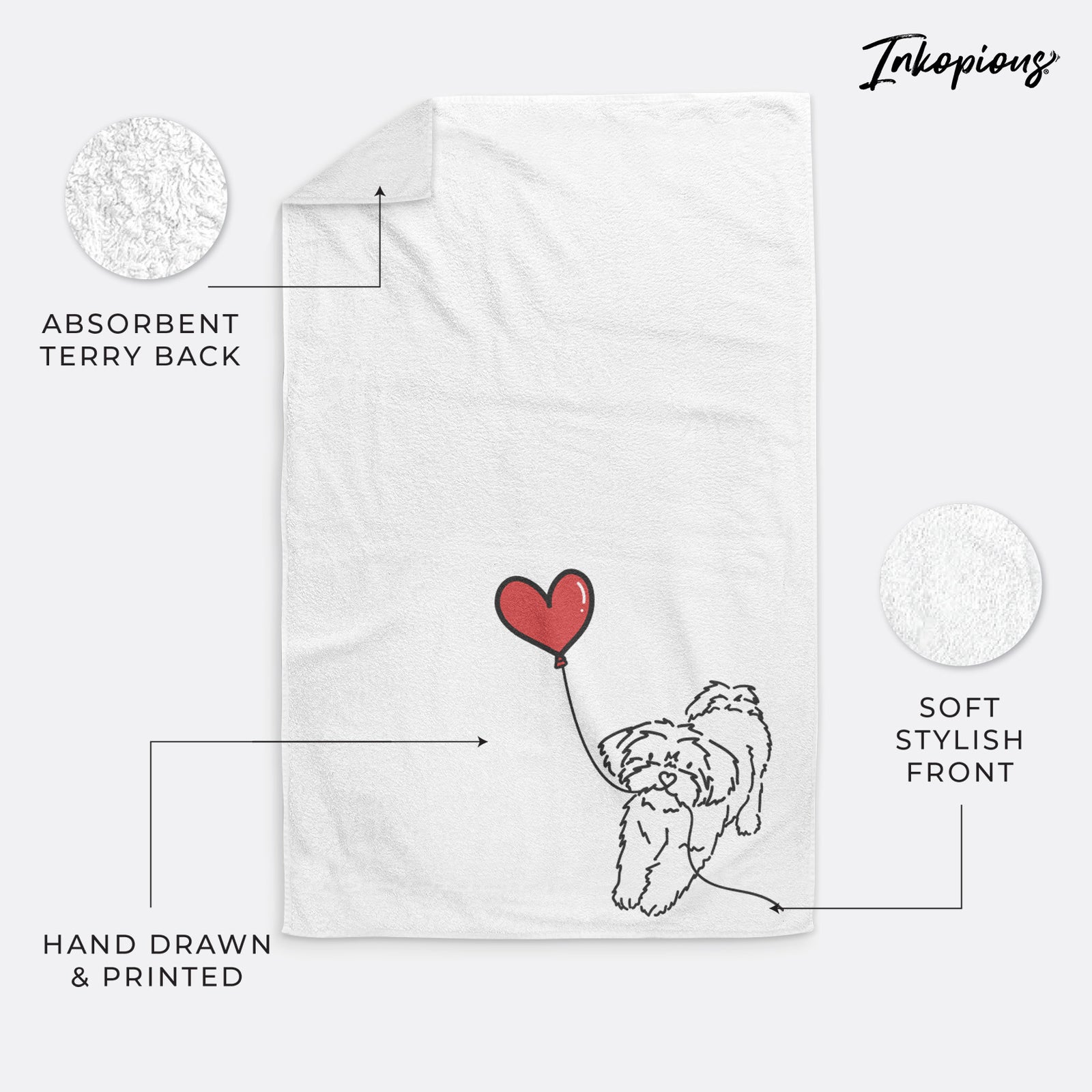 Minimalist line drawing of a Shorkie Heart String holding a heart balloon on a hand towel