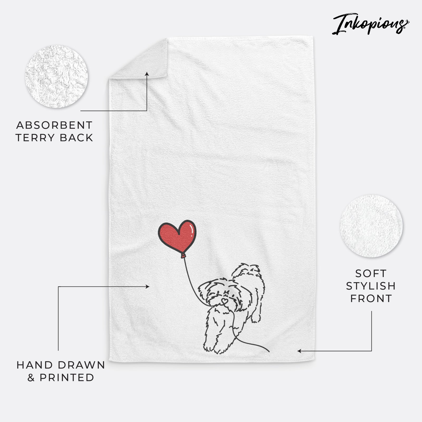 Minimalist line drawing of a Shorkie Heart String holding a heart balloon on a hand towel