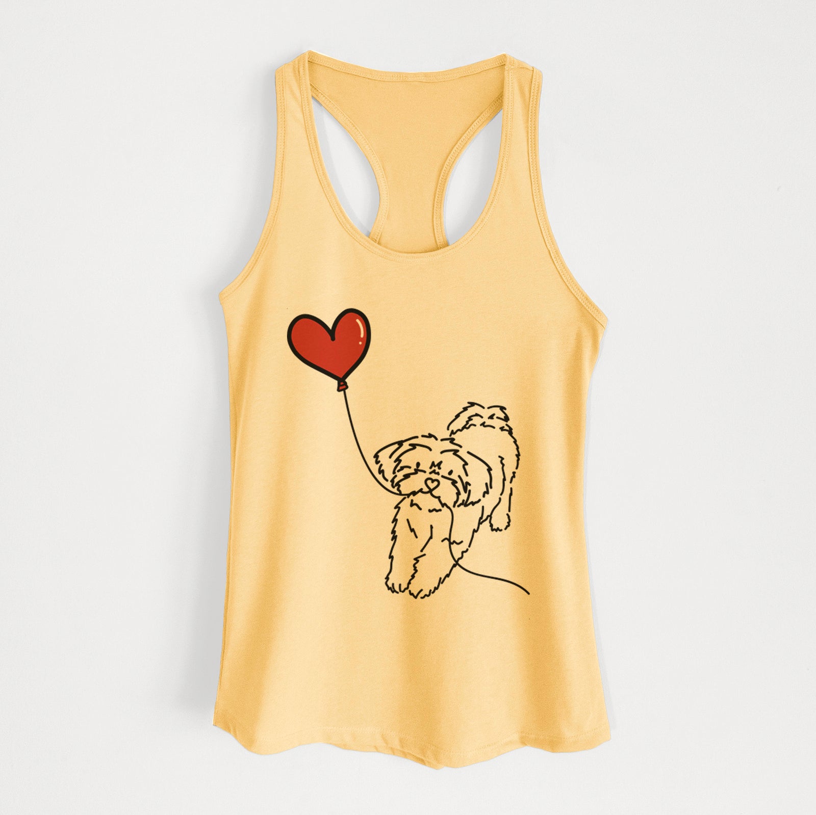 Minimalist line drawing of a Shorkie Heart String holding a heart balloon on a Banana Cream Women's racerback tanktop