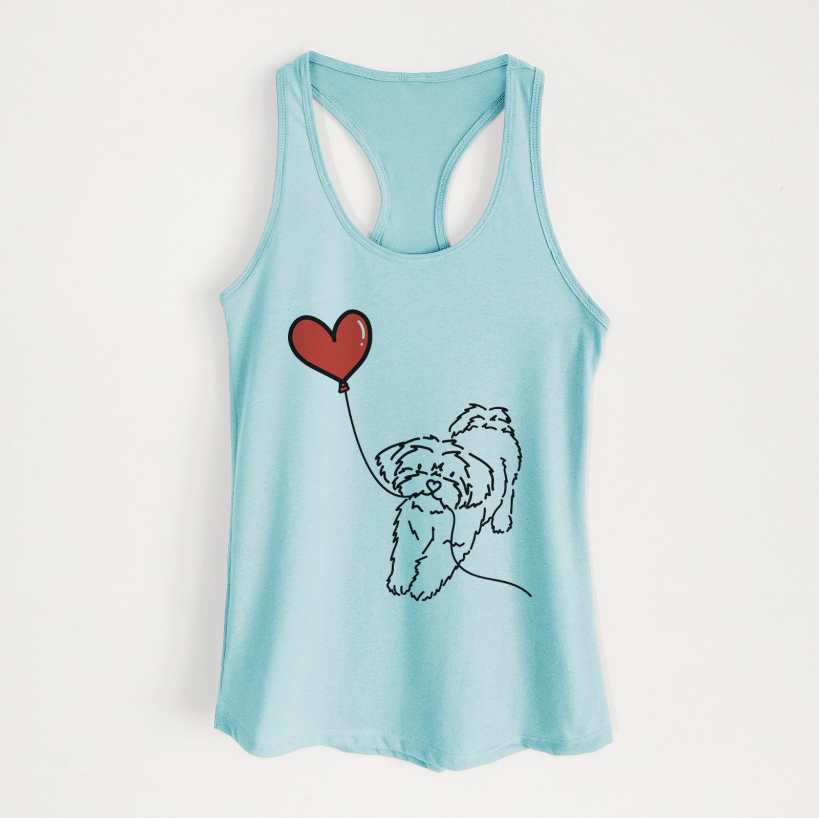 Minimalist line drawing of a Shorkie Heart String holding a heart balloon on a Cancun Blue Women's racerback tanktop