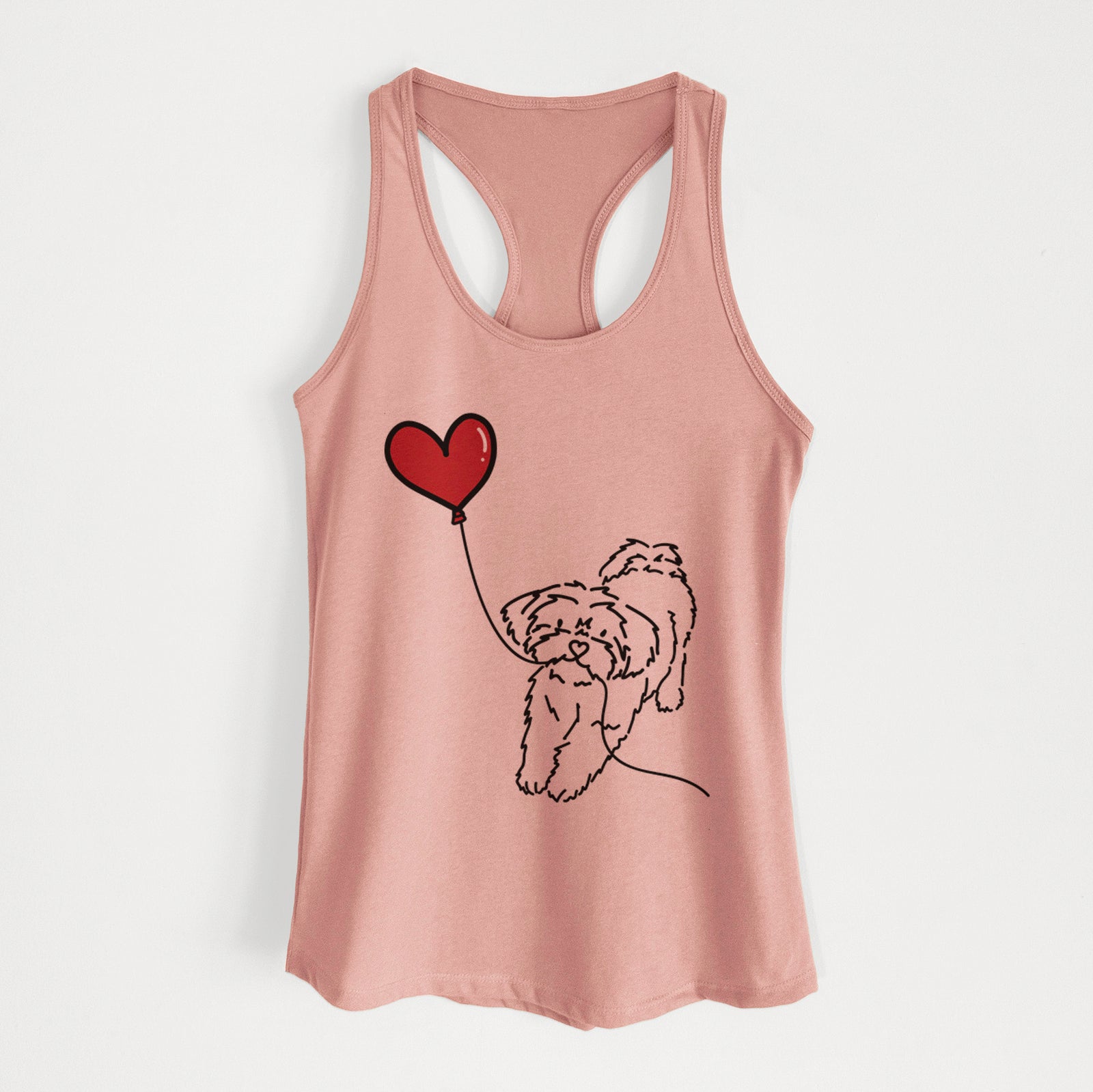 Minimalist line drawing of a Shorkie Heart String holding a heart balloon on a Desert Pink Women's racerback tanktop