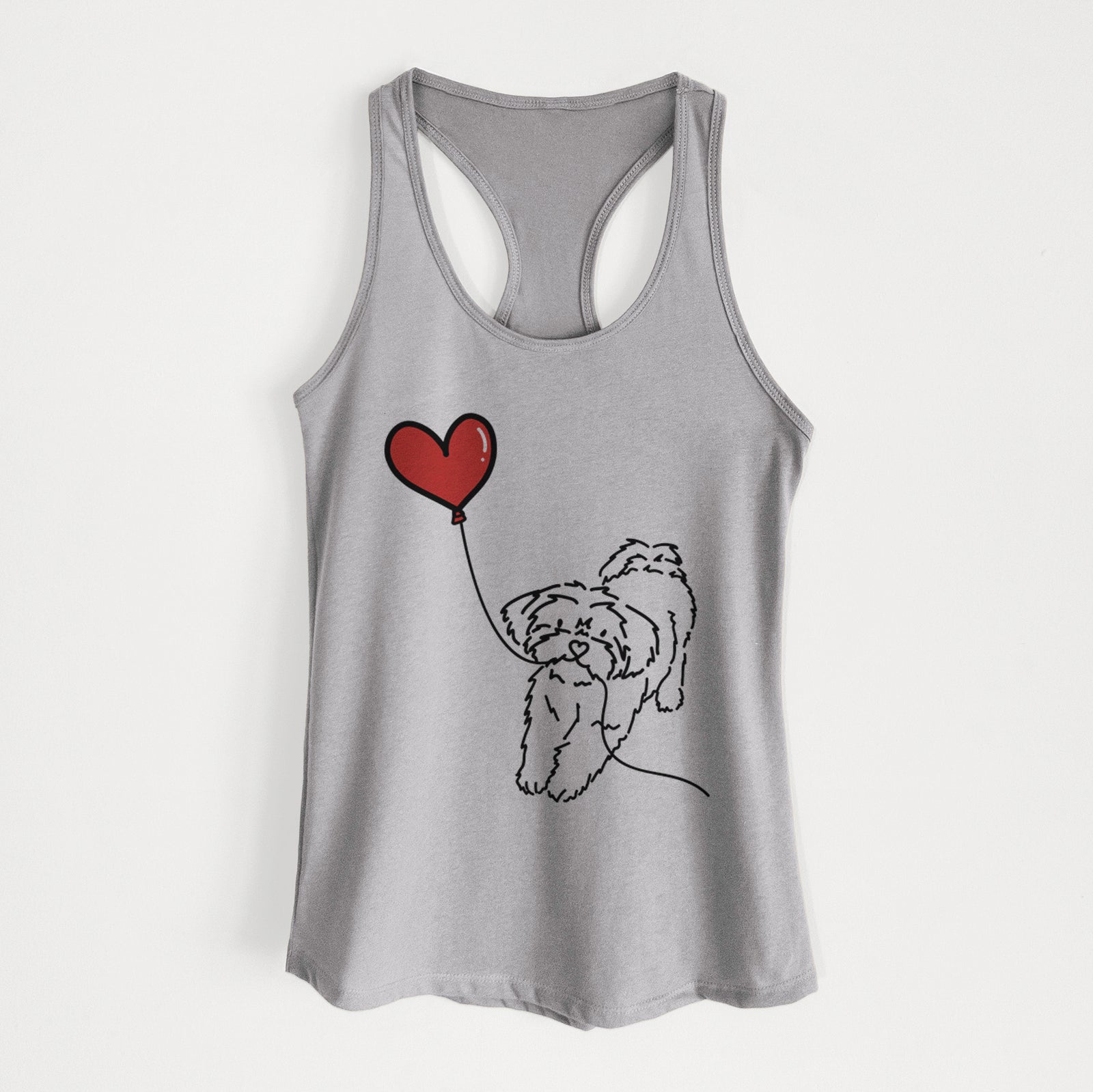 Minimalist line drawing of a Shorkie Heart String holding a heart balloon on a Heather Grey Women's racerback tanktop