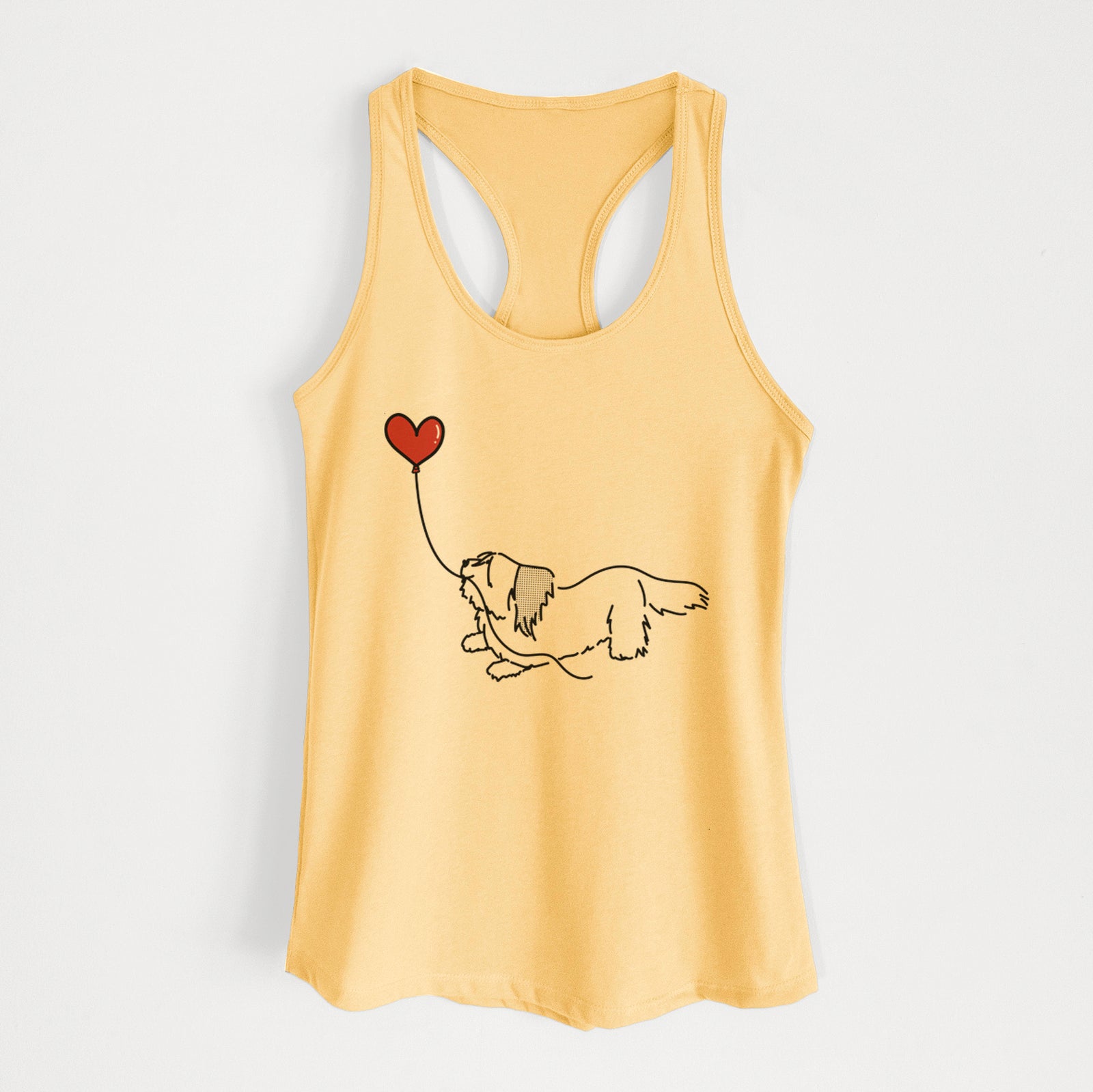 Minimalist line drawing of a Skye Terrier Heart String holding a heart balloon on a Banana Cream Women's racerback tanktop