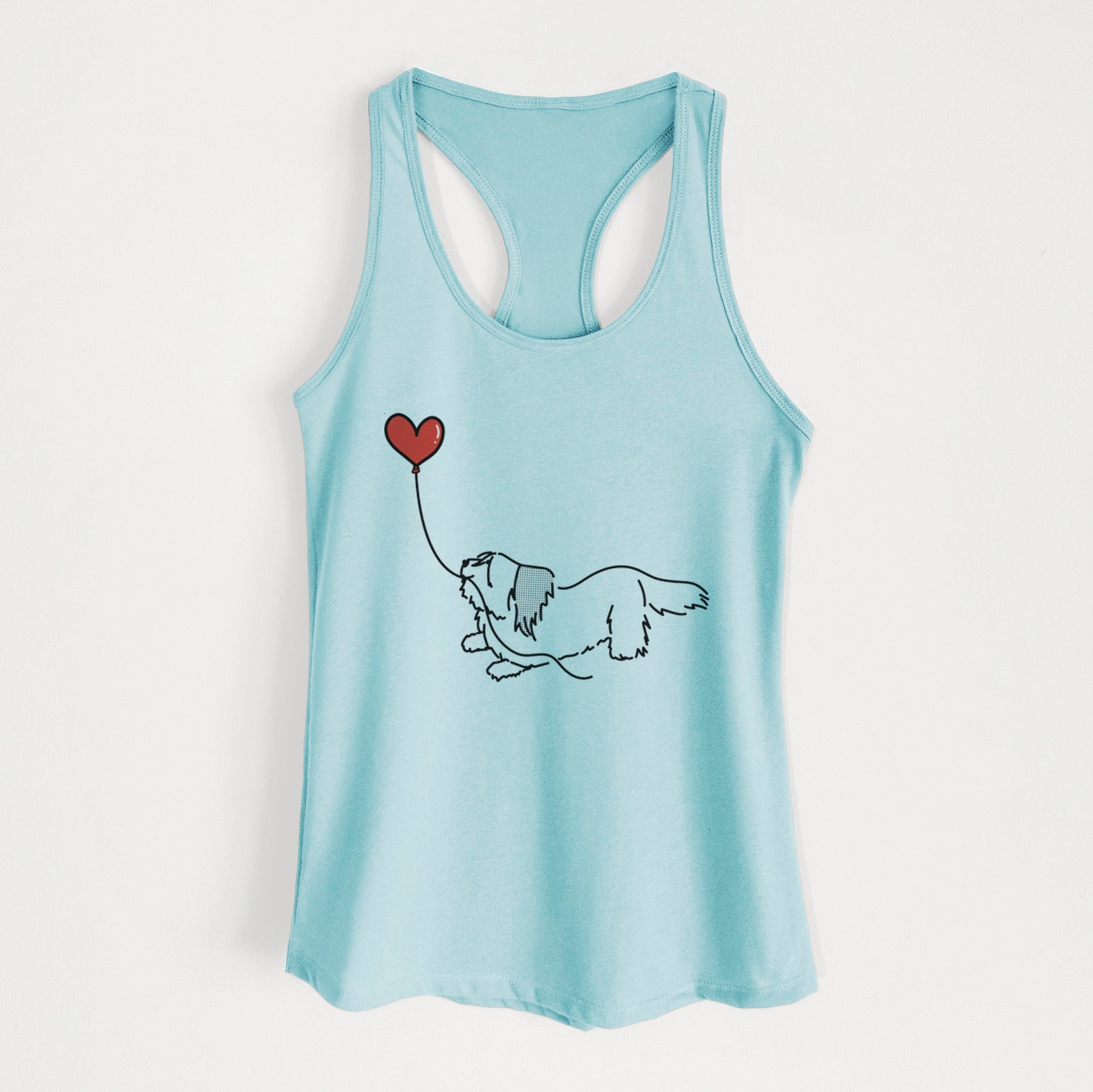 Minimalist line drawing of a Skye Terrier Heart String holding a heart balloon on a Cancun Blue Women's racerback tanktop
