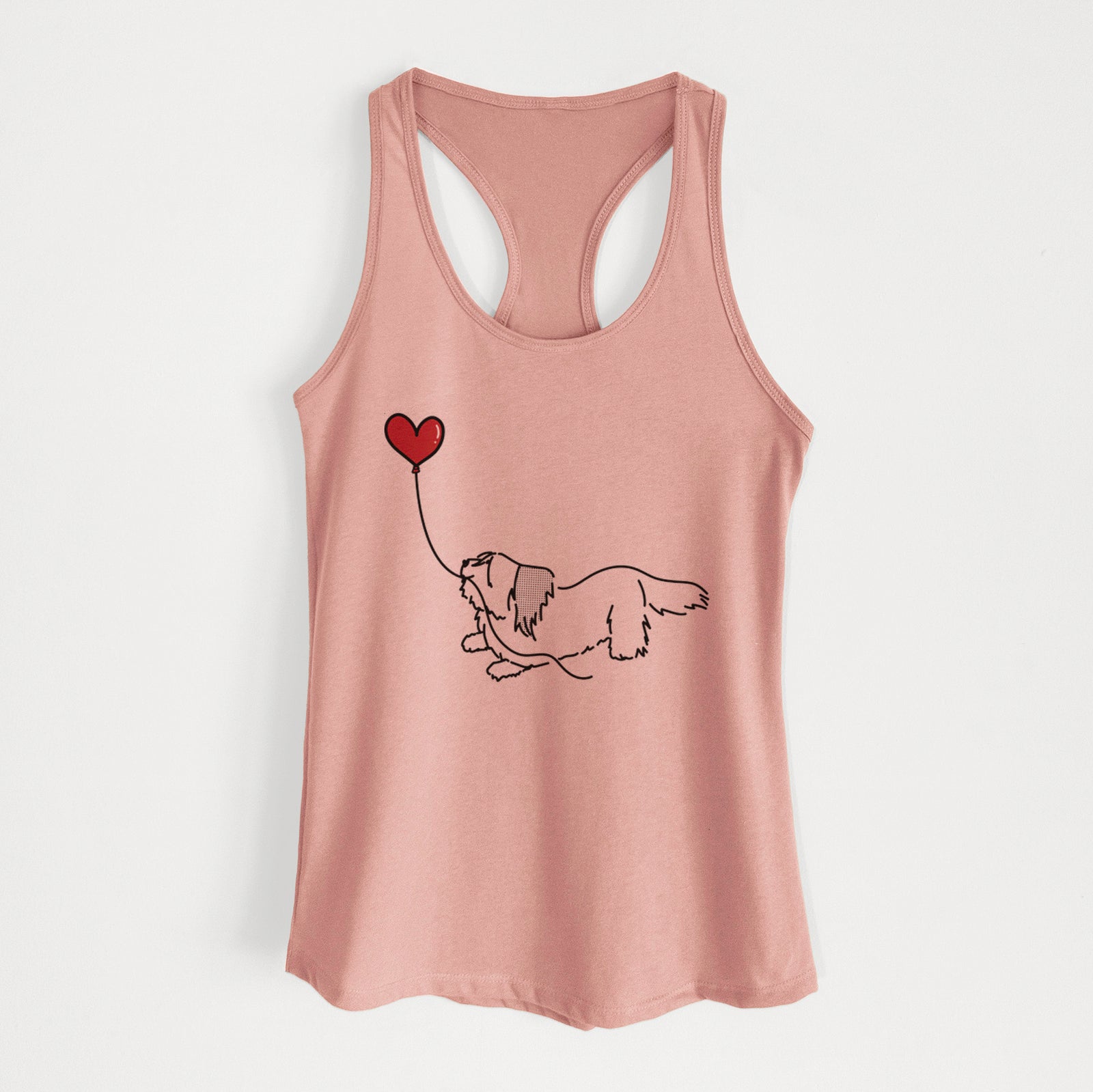 Minimalist line drawing of a Skye Terrier Heart String holding a heart balloon on a Desert Pink Women's racerback tanktop